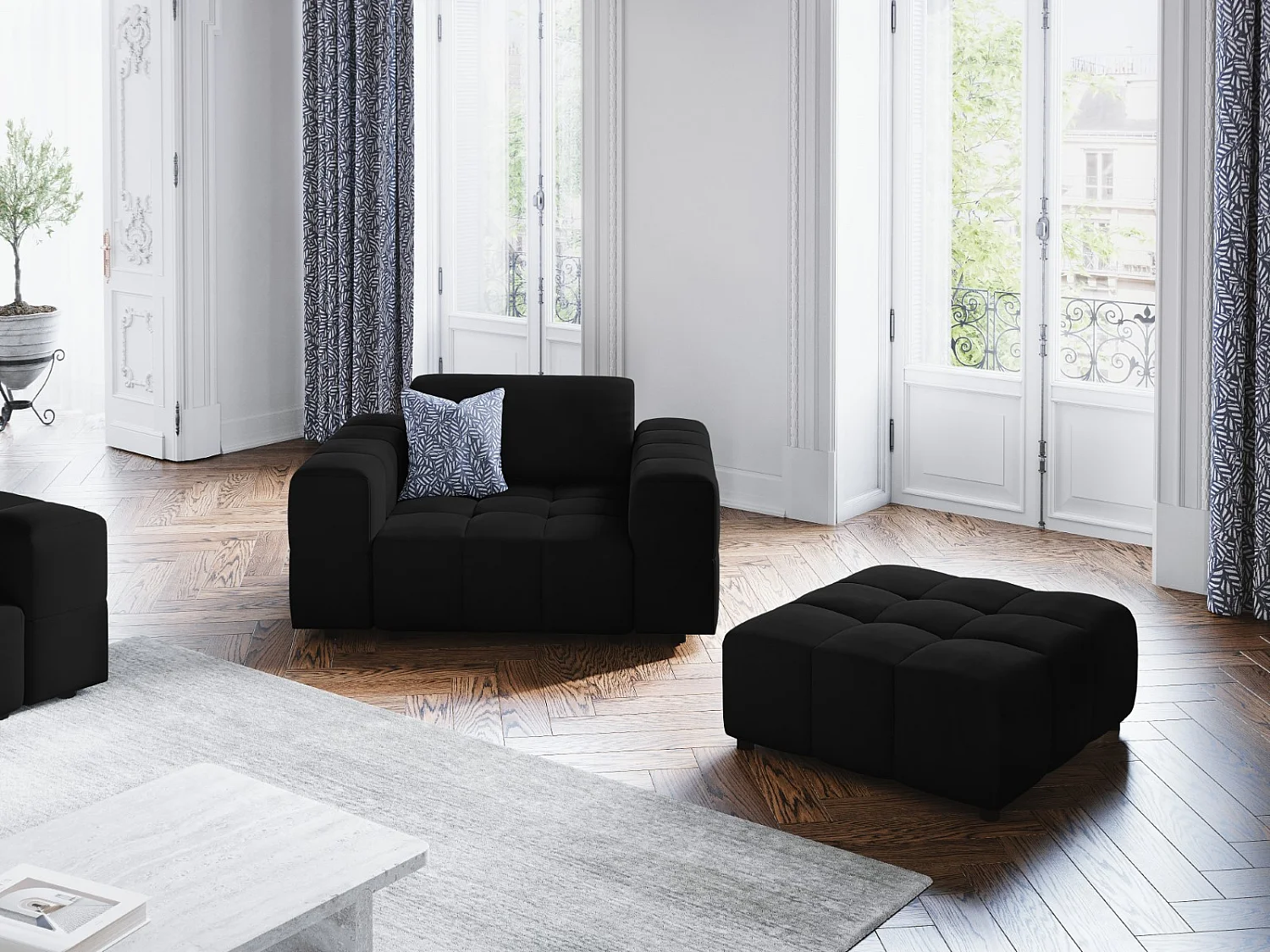 CXL by Christian Lacroix - Pouf "Luc" Sitzer aus Samt schwarz - 80x102x40cm