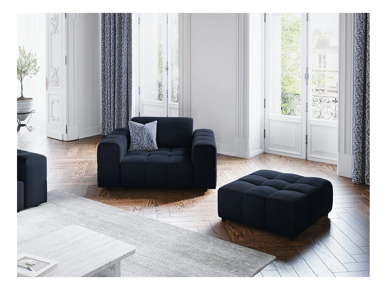 CXL by Christian Lacroix - Pouf "Luc" en velours bleu foncé - 80x102x40cm