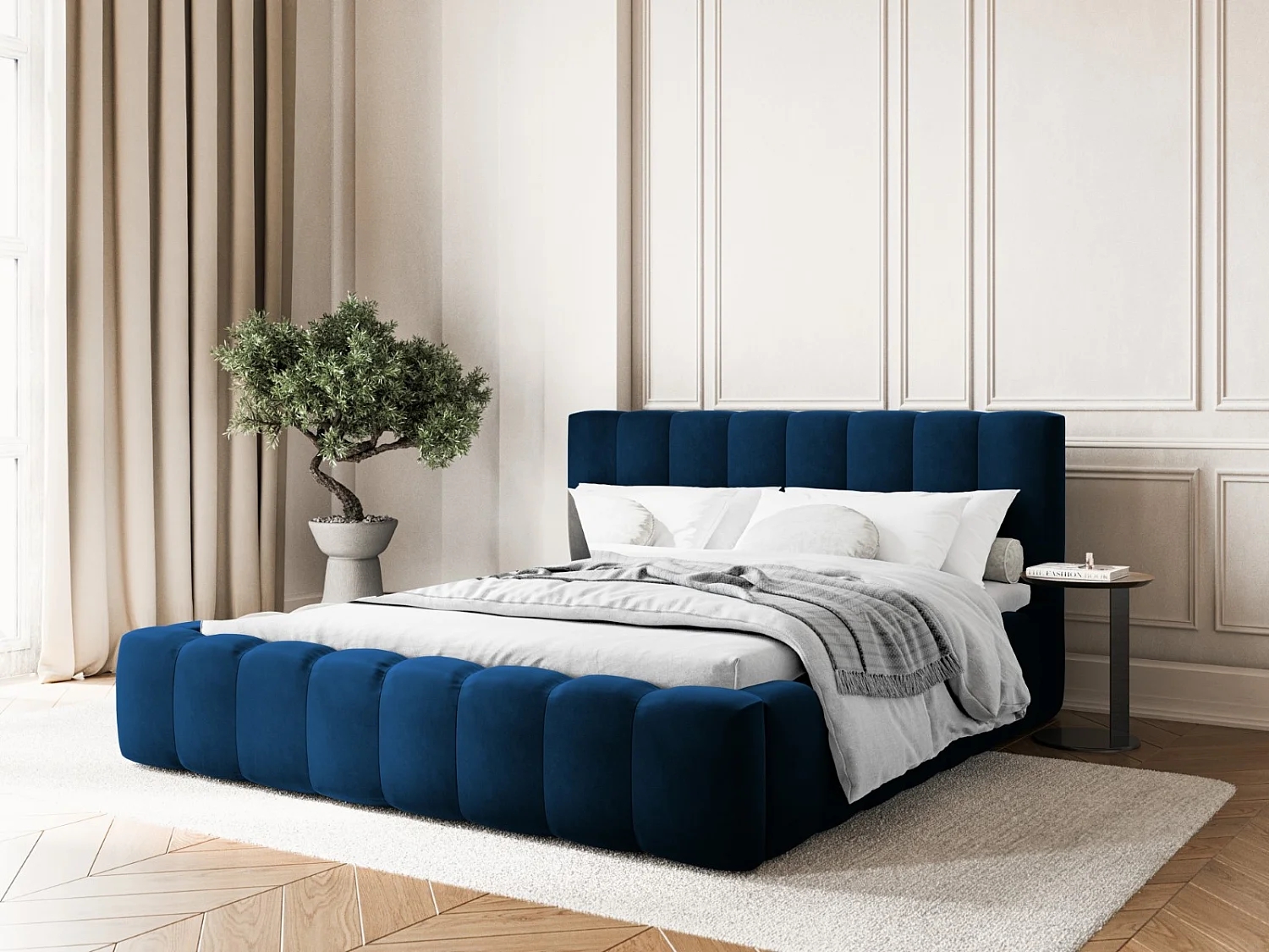 CXL by Christian Lacroix - Opbergbed met hoofdeinde "Ludivine" 200x200cm, Flueel, Koningsblauw - 230x225x94cm