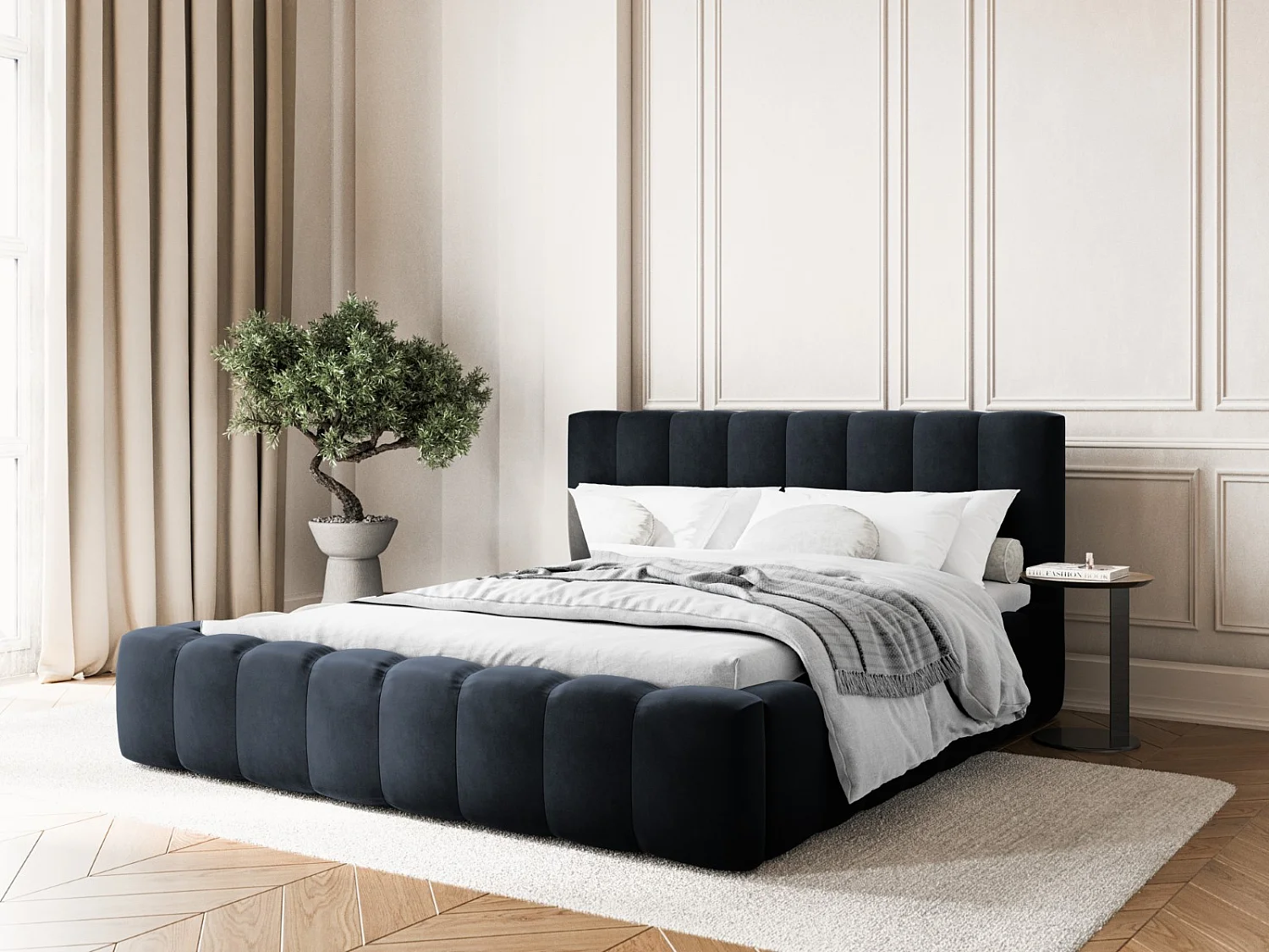 CXL by Christian Lacroix - Opbergbed met hoofdeinde "Ludivine" 180x200cm, Flueel, Donkerblauw - 230x205x94cm