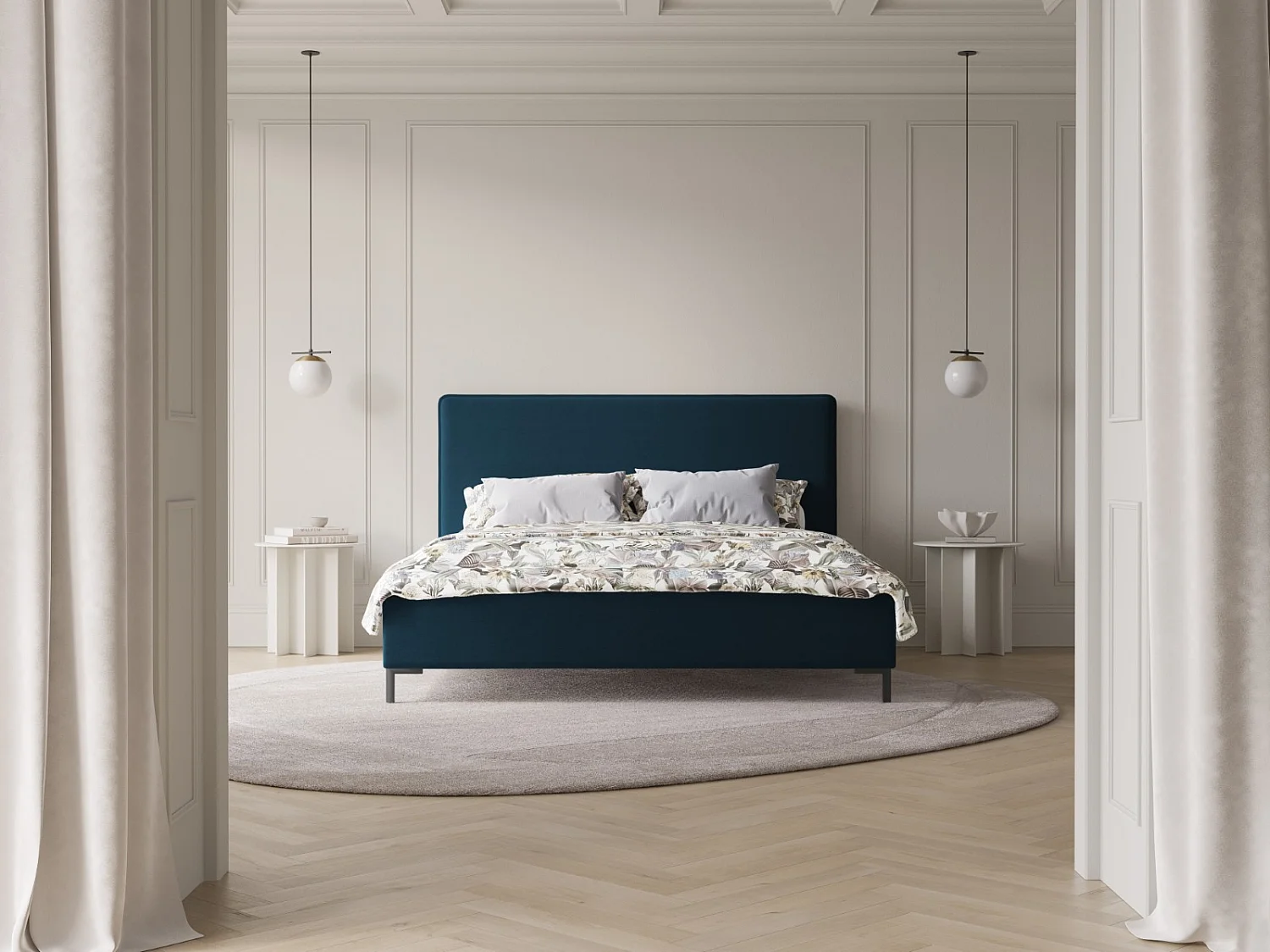 CXL by Christian Lacroix - Letto a cassettone con testiera "Polly" 180x200cm in ciniglia blu scuro - 220x190x120cm