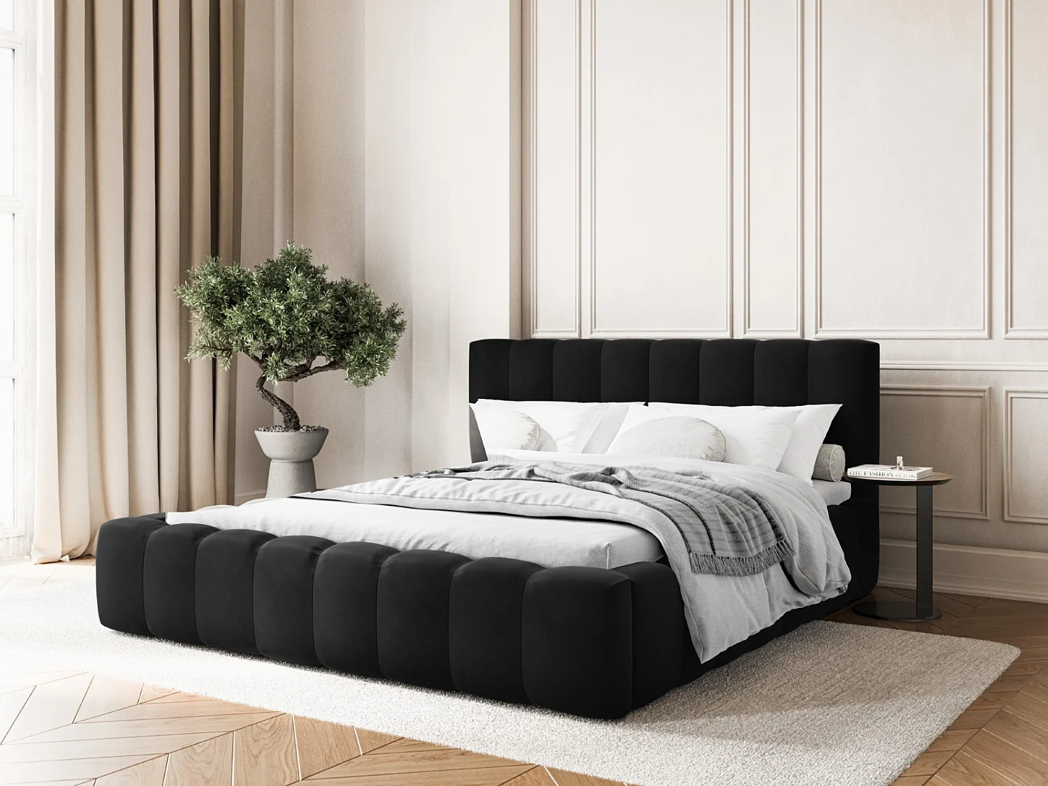 CXL by Christian Lacroix - Opbergbed met hoofdeinde "Ludivine" 180x200cm, Flueel, Zwart - 230x205x94cm