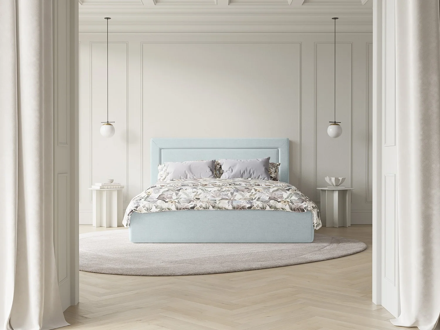 CXL by Christian Lacroix - Lit coffre avec tête de lit "Valerie" 200x200cm en chenille bleu satiné - 230x225x120cm