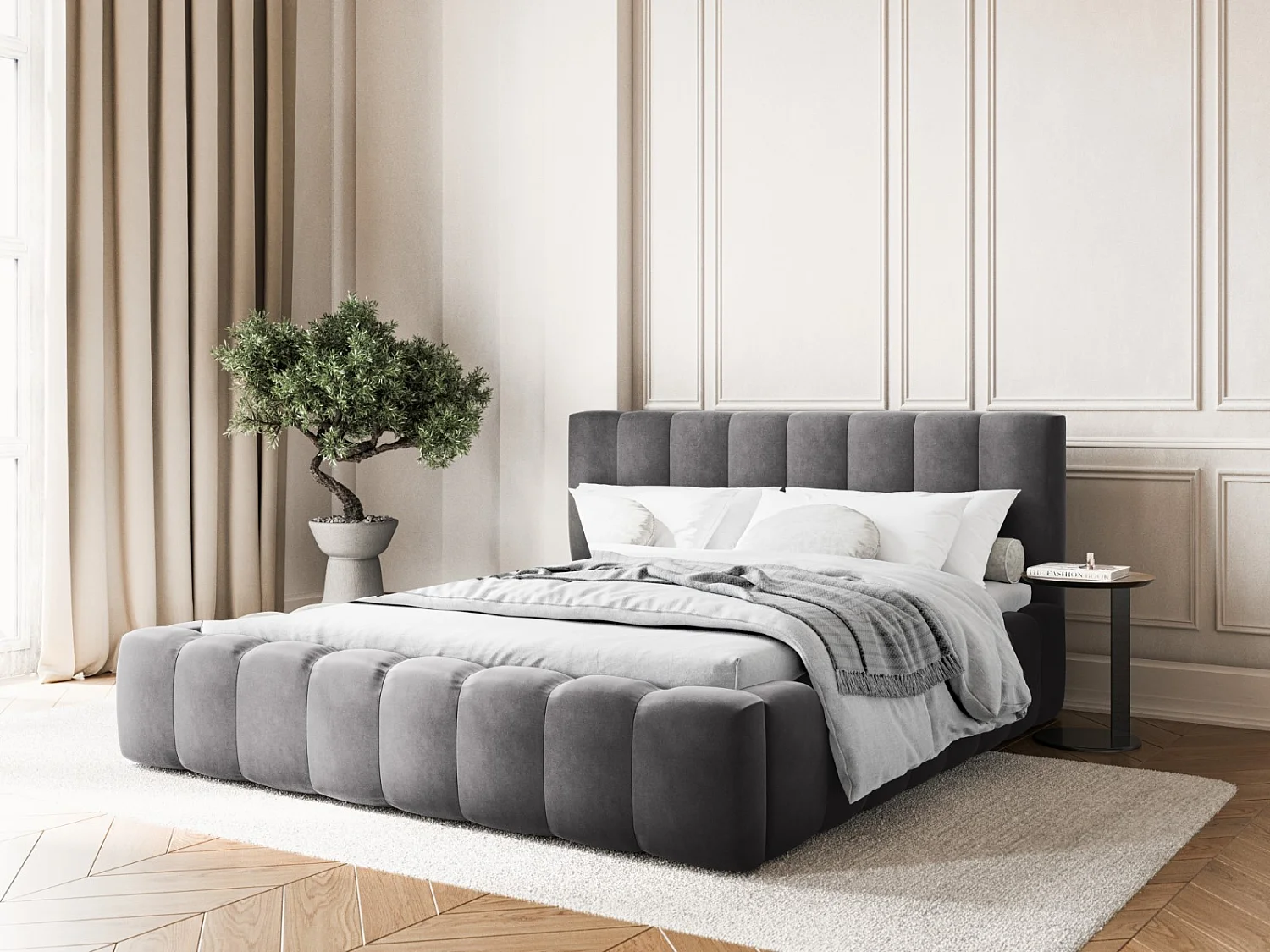 CXL by Christian Lacroix - Lit coffre avec tête de lit "Ludivine" 160x200cm en velours gris - 230x185x94cm