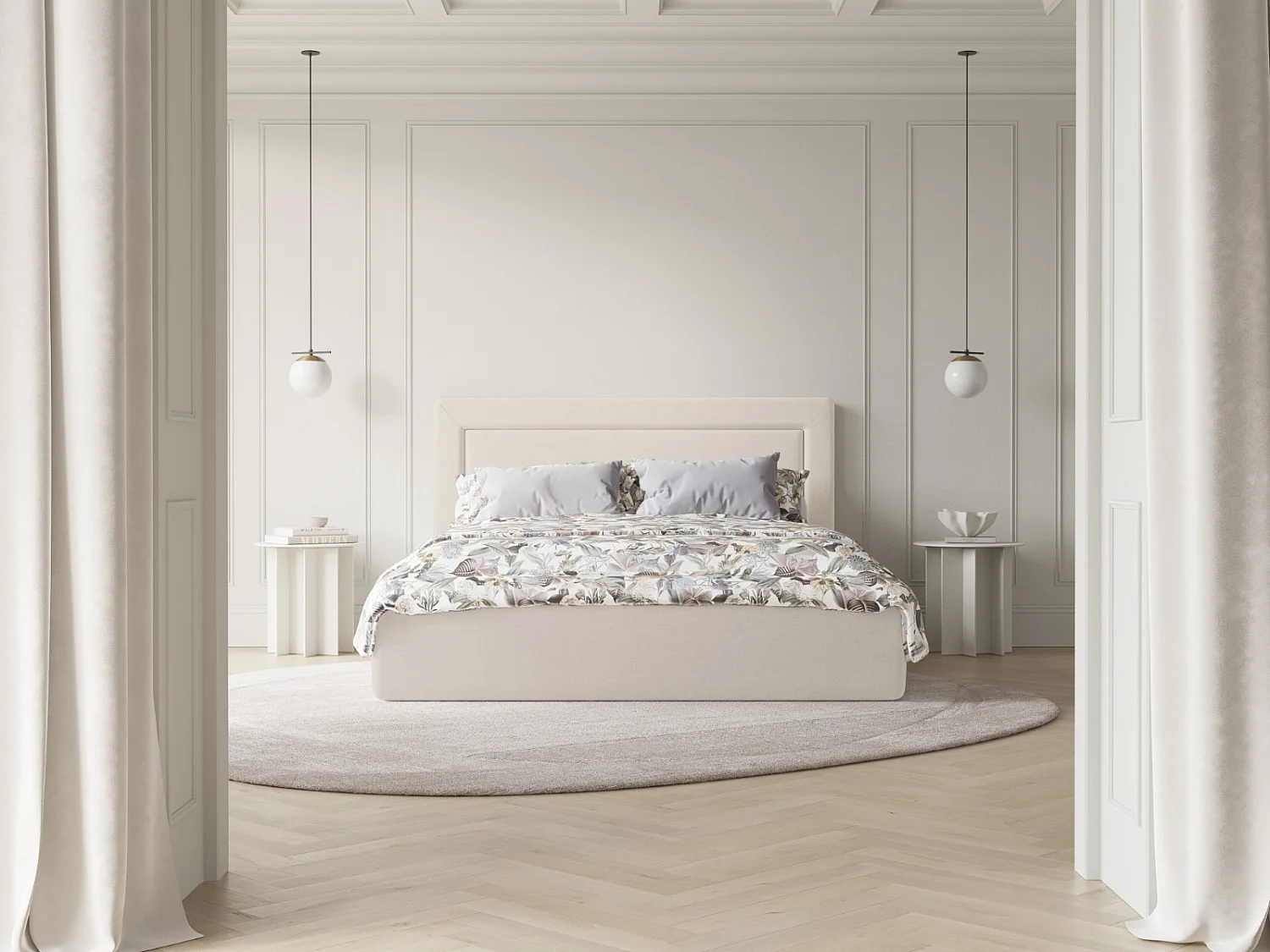 CXL by Christian Lacroix - Lit coffre avec tête de lit "Valerie" 160x200cm en chenille beige clair - 230x185x120cm