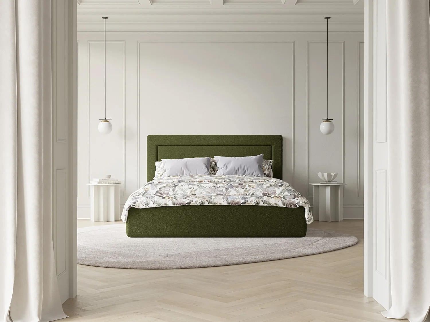 CXL by Christian Lacroix - Cama con cabecero y baúl "Valerie" 160x200cm de tejido bouclé verde oliva oscuro - 230x185x120cm