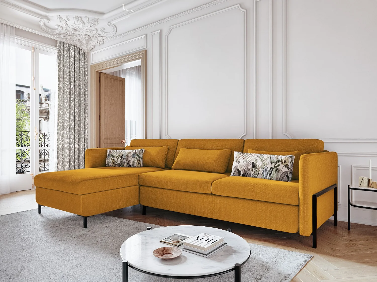 CXL by Christian Lacroix - 4-Sitzer ausklappbares Ecksofa links mit Container "Yanis" Sitzer aus strukturiertem Stoff gold - 260x170x80cm