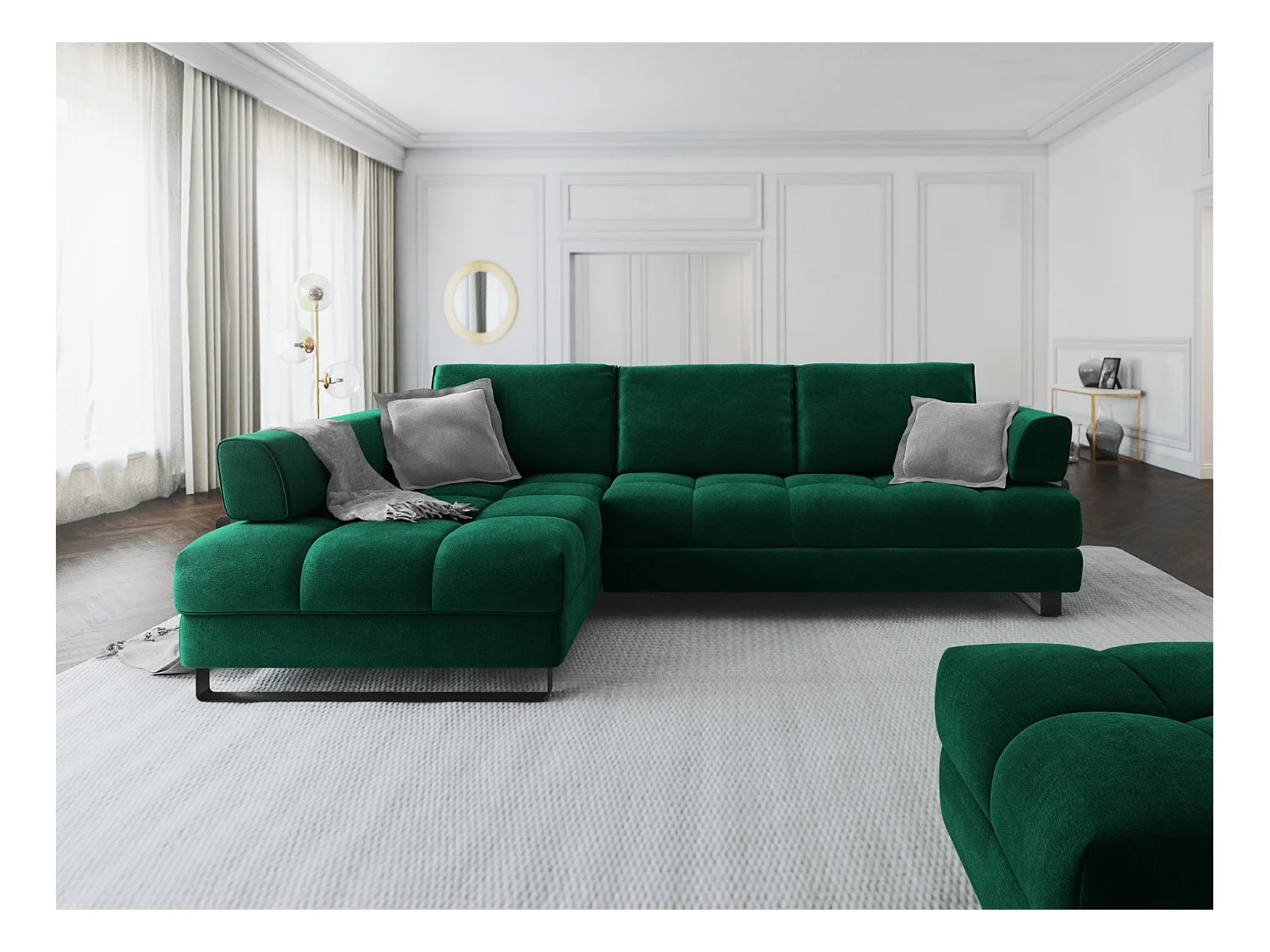 Cosmopolitan Design - 5-Sitzer ausklappbares Ecksofa links mit Container "Clinton" aus Samt flaschengrün - 272x173x89cm