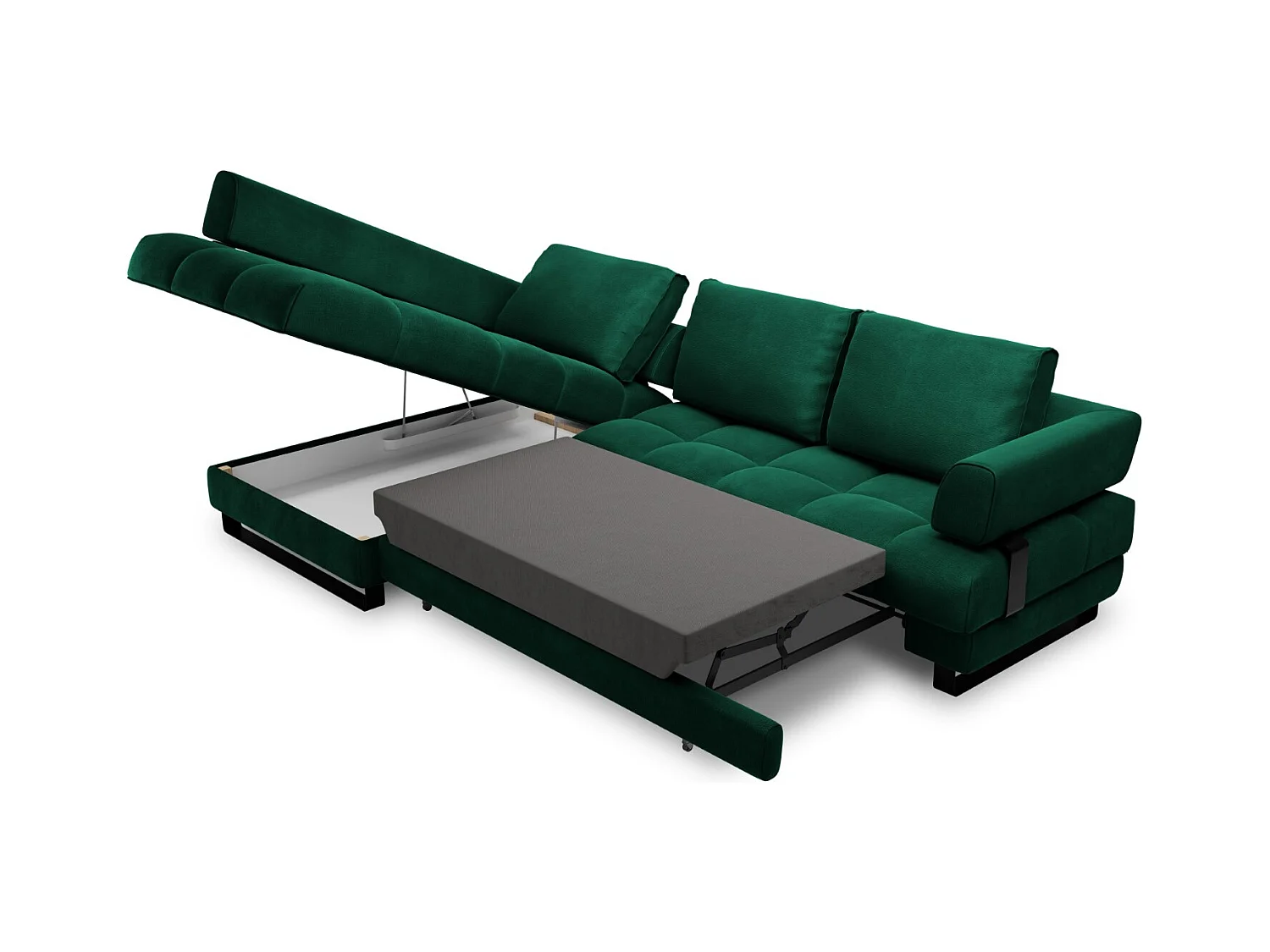 Cosmopolitan Design - 5-Sitzer ausklappbares Ecksofa links mit Container "Clinton" aus Samt flaschengrün - 272x173x89cm