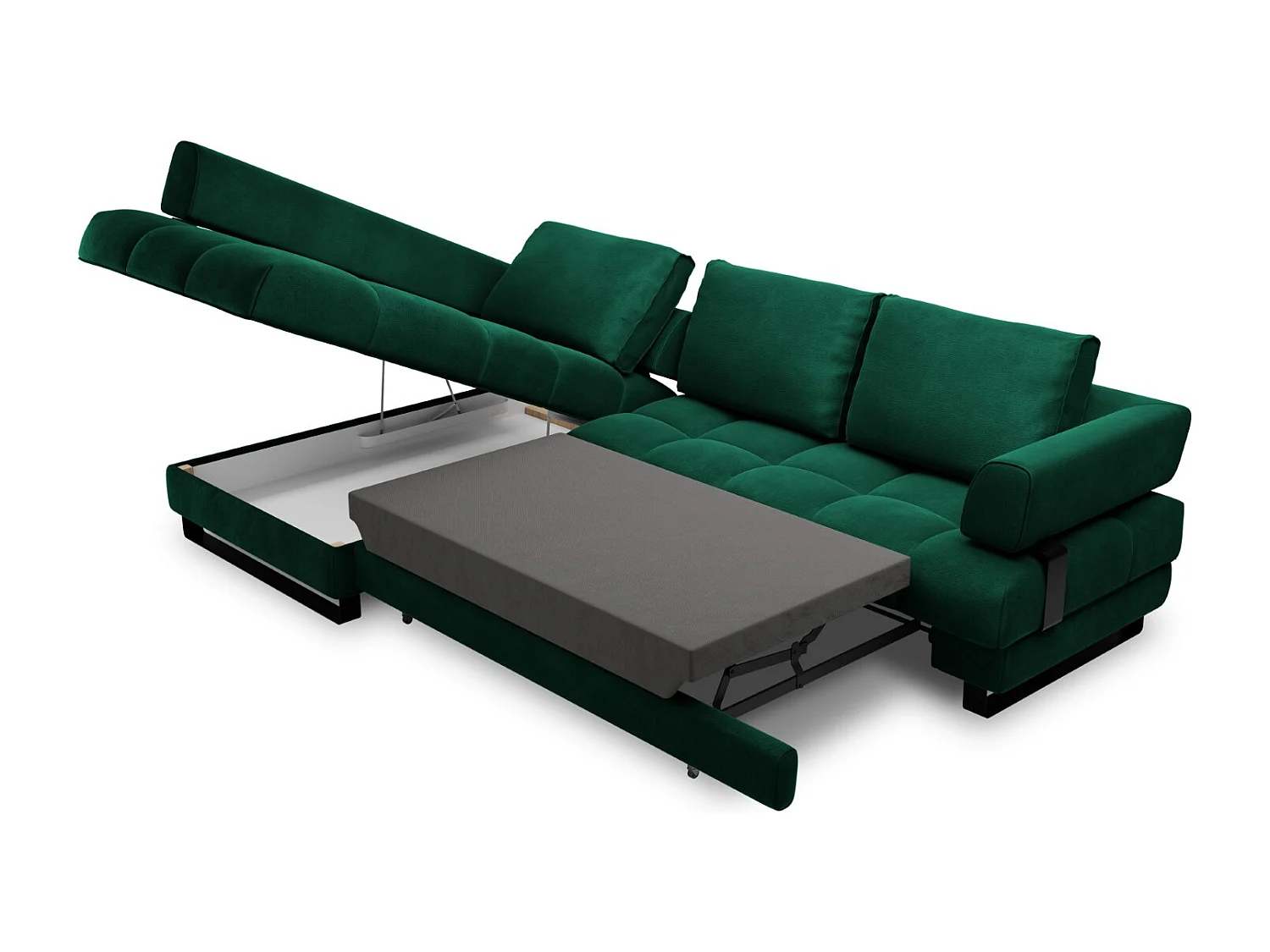 Cosmopolitan Design - Canapé d'angle gauche convertible avec coffre de rangement "Clinton" 5 places en velours vert bouteille - 272x173x89cm