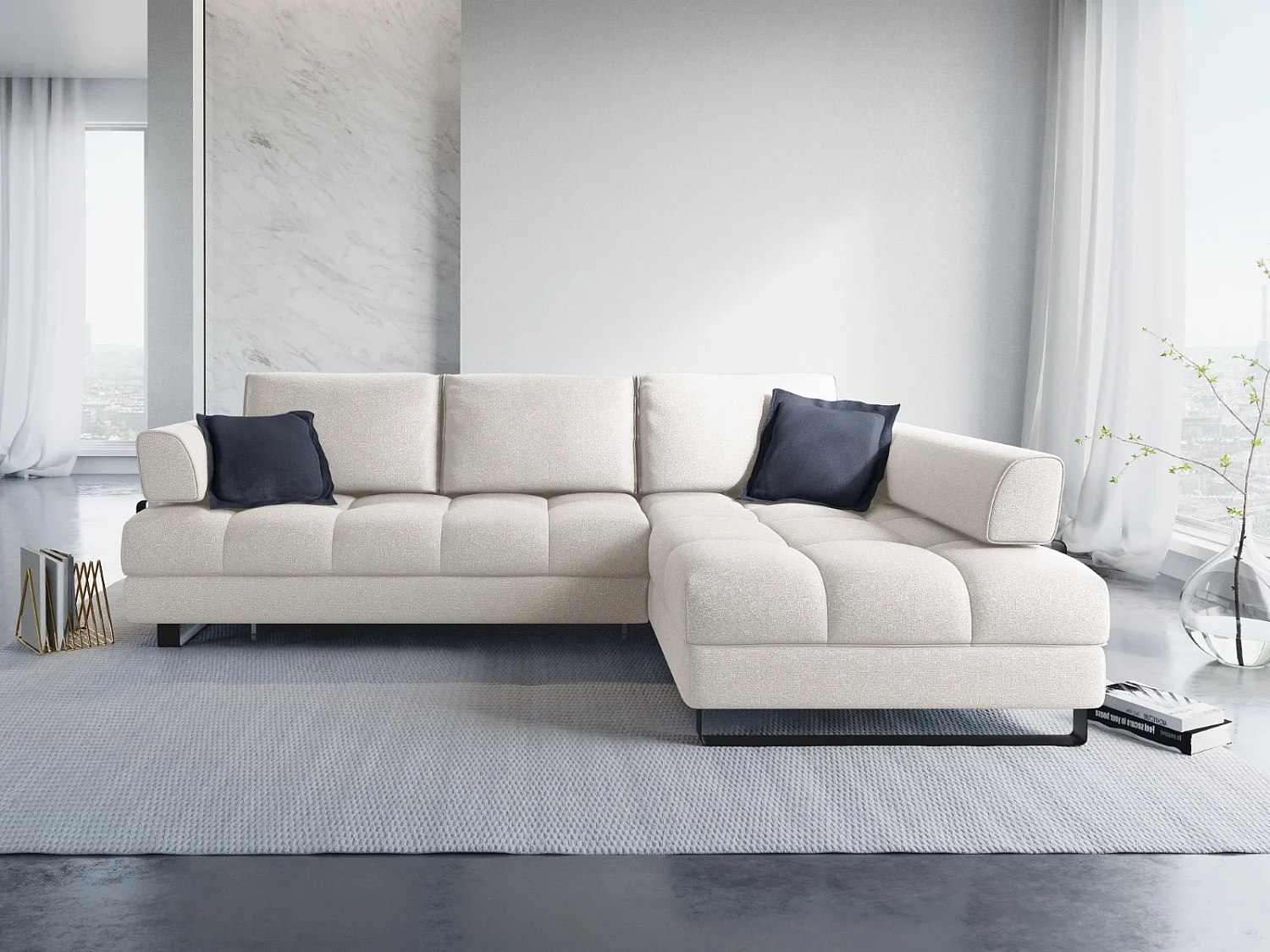 Cosmopolitan Design - Sofá cama esquinero derecho con baúl de almacenaje "Clinton" 5 plazas de tejido estructural gris claro - 272x173x89cm