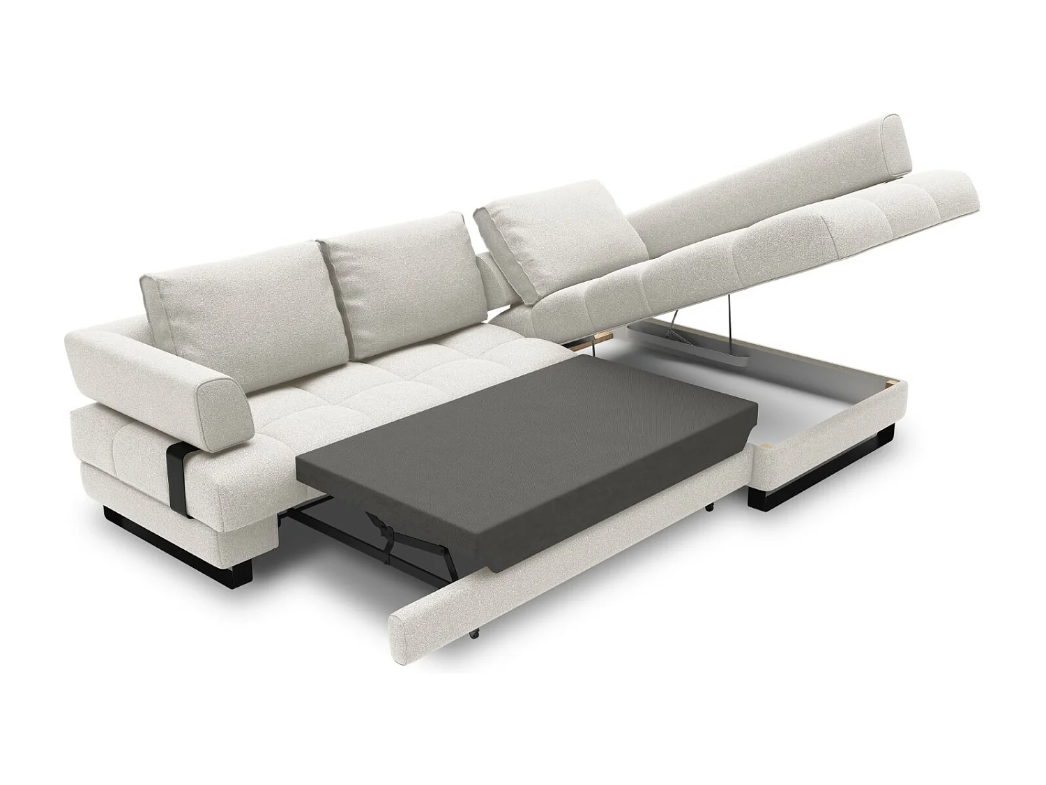 Cosmopolitan Design - Sofá cama esquinero derecho con baúl de almacenaje "Clinton" 5 plazas de tejido estructural gris claro - 272x173x89cm