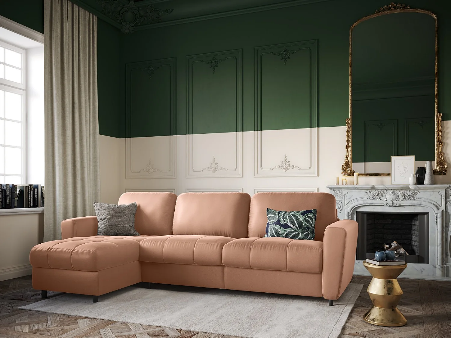 CXL by Christian Lacroix - Canapé d'angle gauche convertible avec coffre de rangement "Audra" 4 places en velours rose - 270x170x88cm