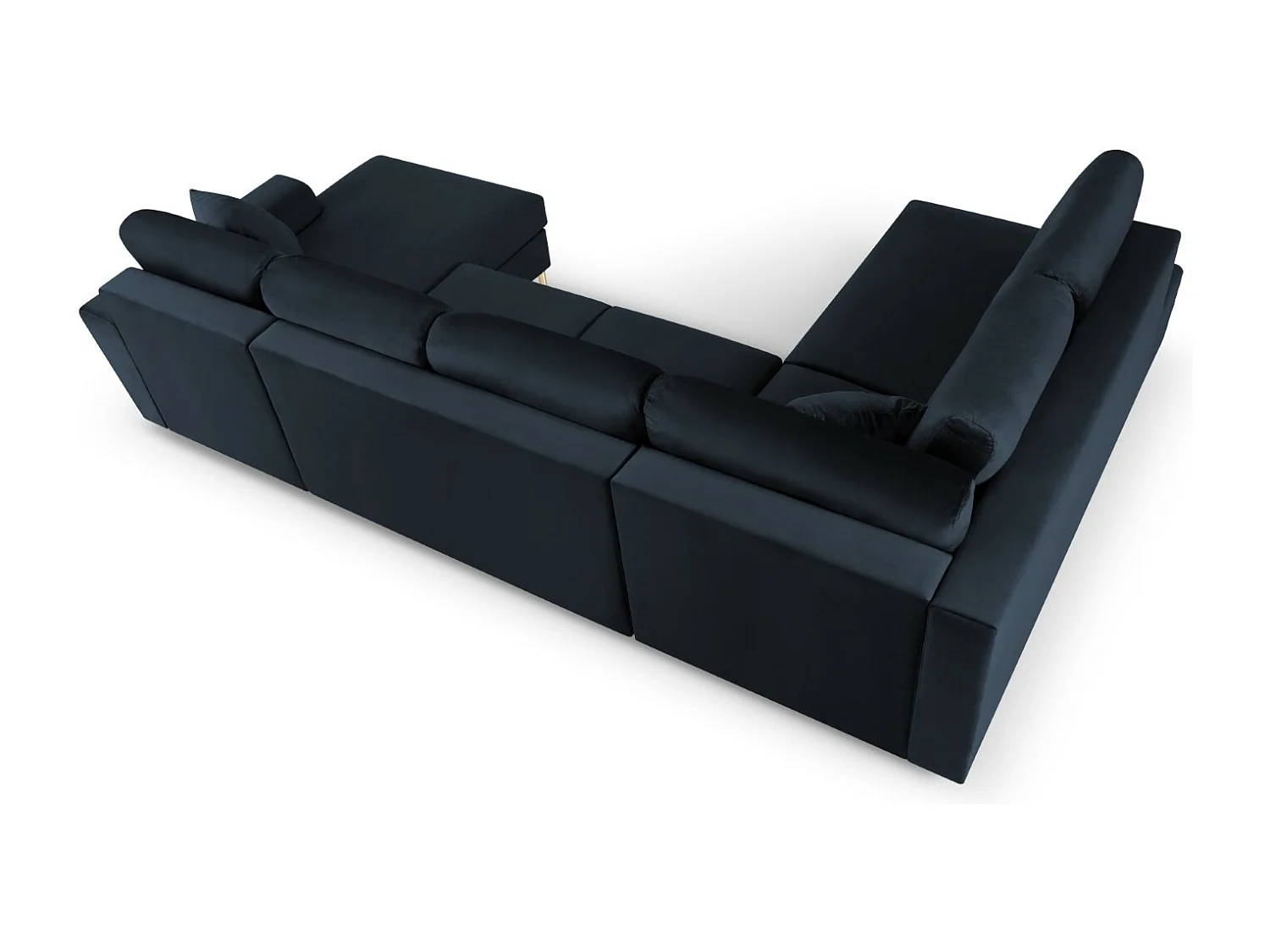 Cosmopolitan Design - Sofá cama panorámico izquierdo con baúl de almacenaje "Kyoto" 7 plazas de terciopelo azul oscuro - 313x194x88cm