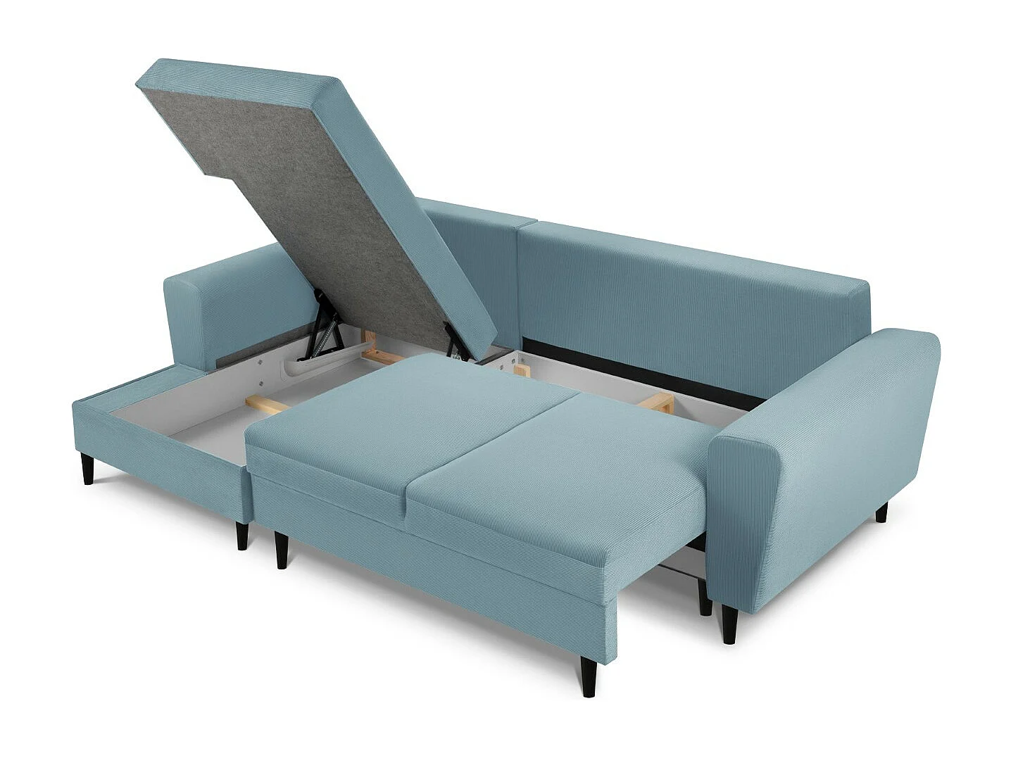 Cosmopolitan Design - Narożnik lewy rozkładany ze schowkiem, "Kyoto" 4 miejsca sztruks, niebieski jasny - 241x145x88cm