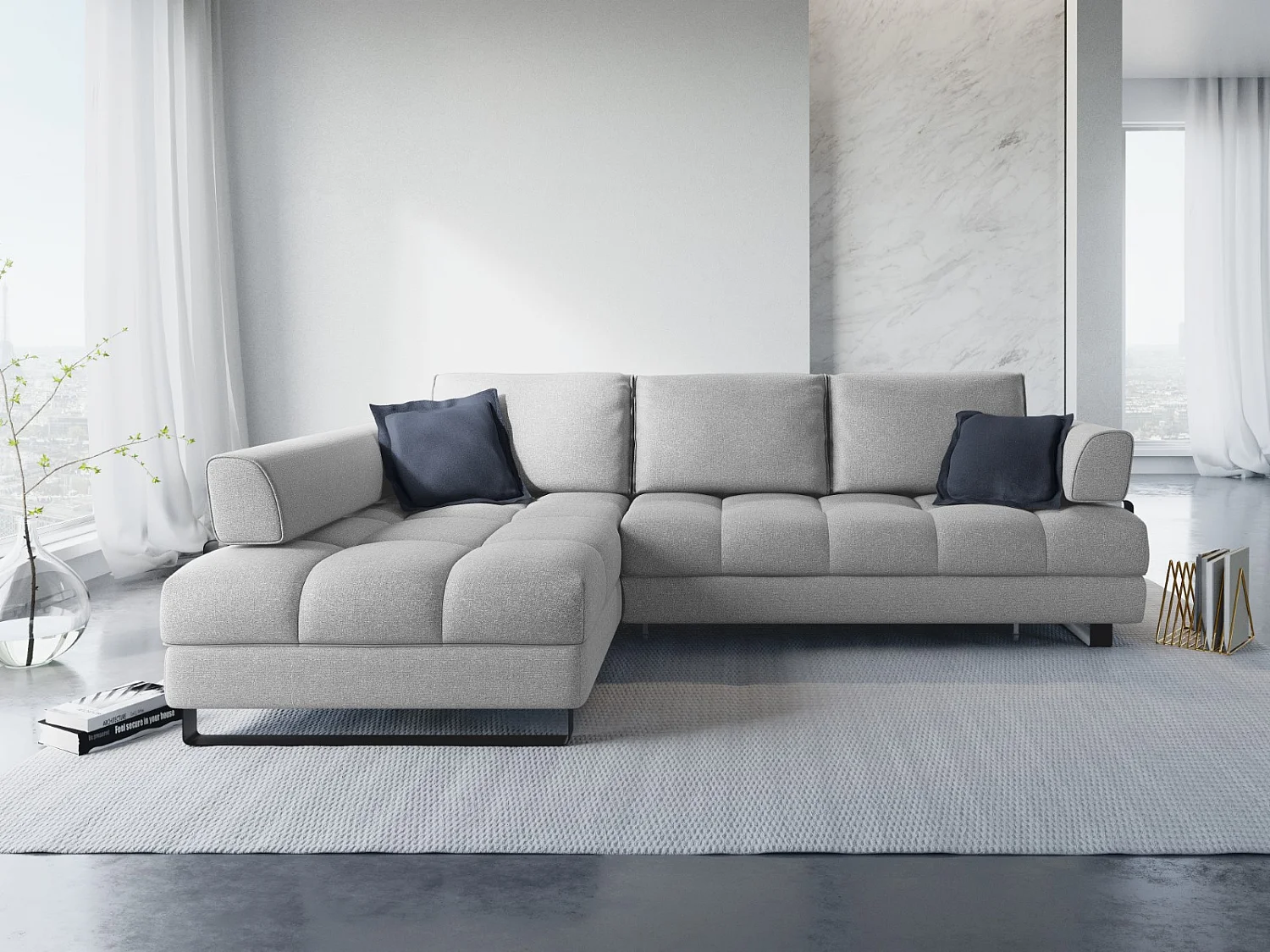 Cosmopolitan Design - 5-Sitzer ausklappbares Ecksofa links mit Container "Clinton" aus strukturiertem Stoff grau - 272x173x89cm