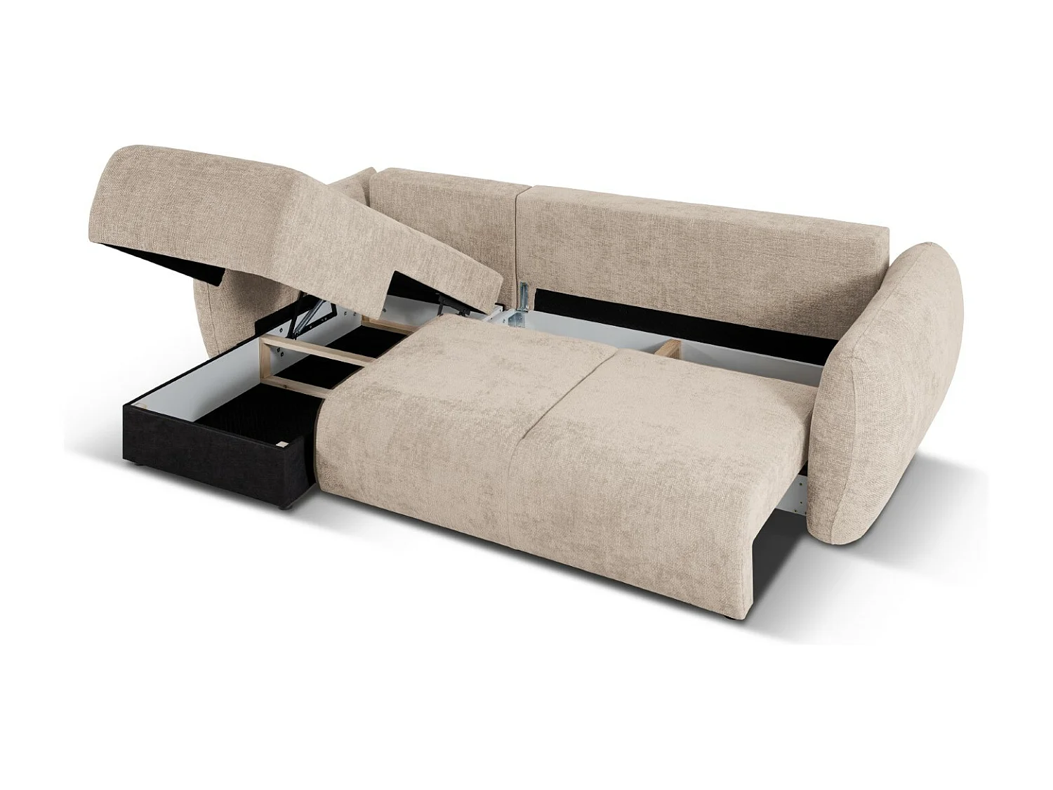 Cosmopolitan Design - Uitklapbare hoekbank links met opbergdoos "Matera" 4 zitplaatsen, Chenille, Beige - 253x173x86cm