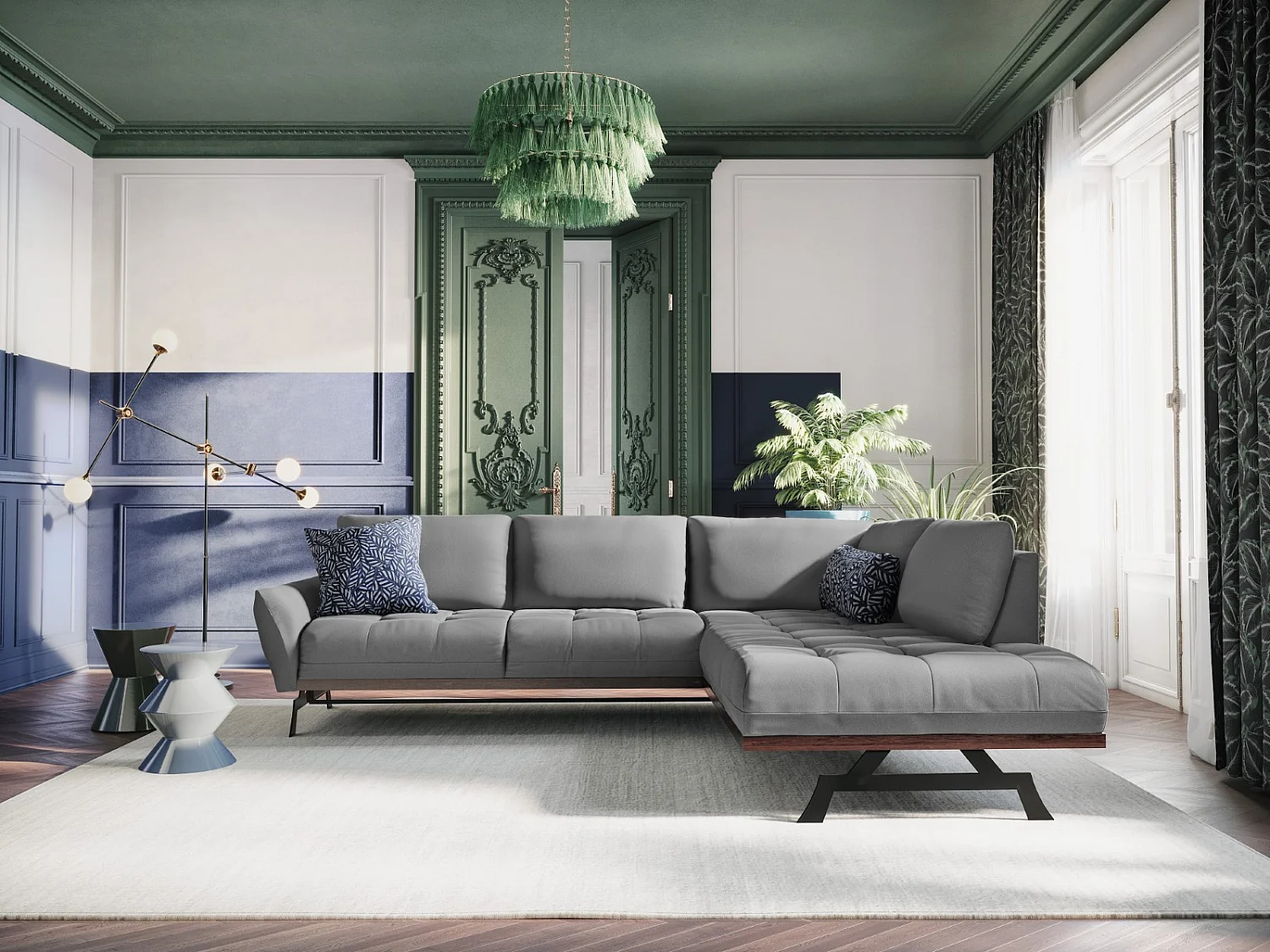 CXL by Christian Lacroix - Narożnik prawy z funkcją spania, "Olivier" 5 miejsc tkanina strukturalna, szary - 262x204x87cm