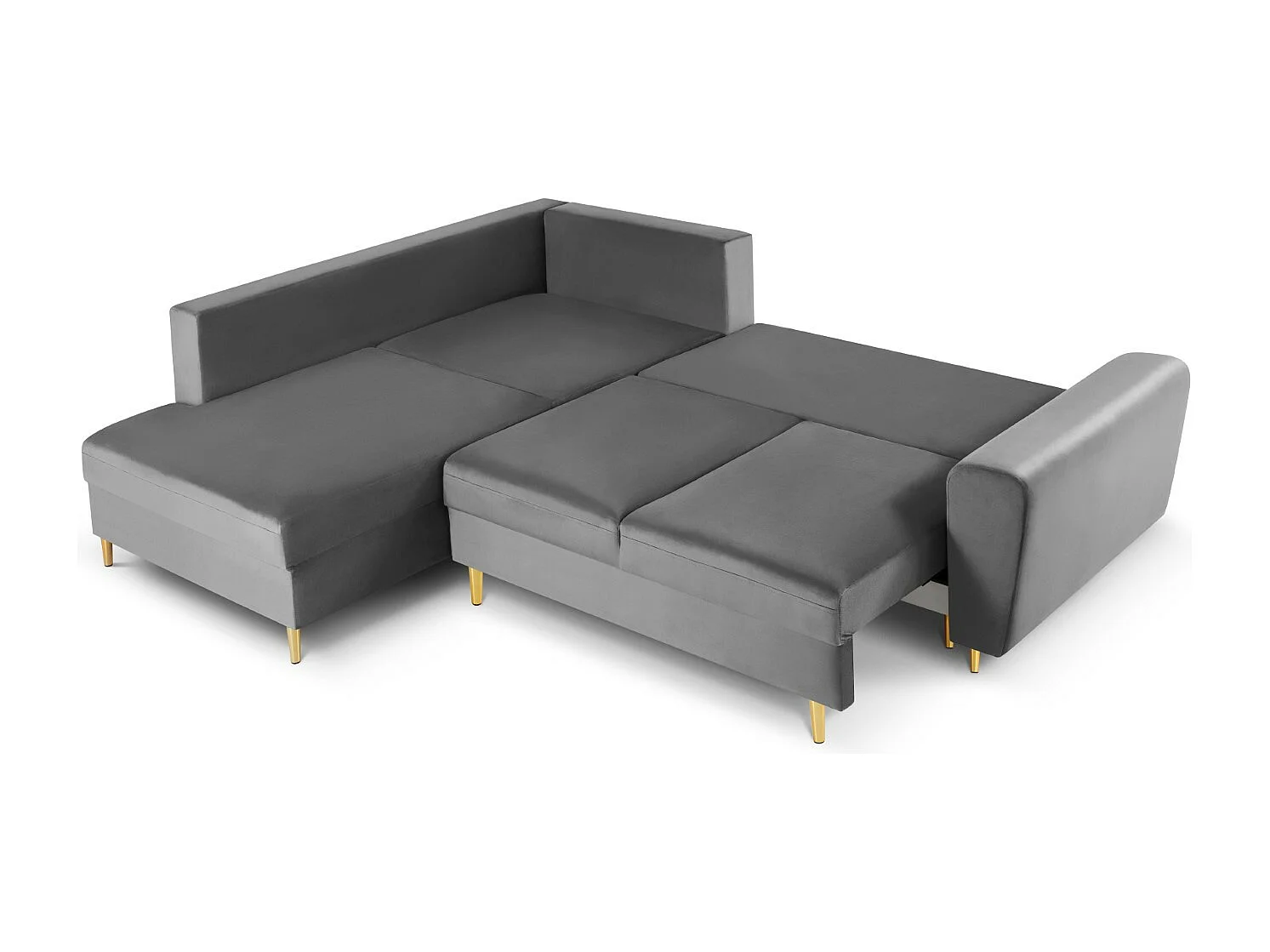 Cosmopolitan Design - 5-Sitzer ausklappbares Ecksofa links mit Container "Kyoto" aus Samt hellgrau - 243x194x88cm