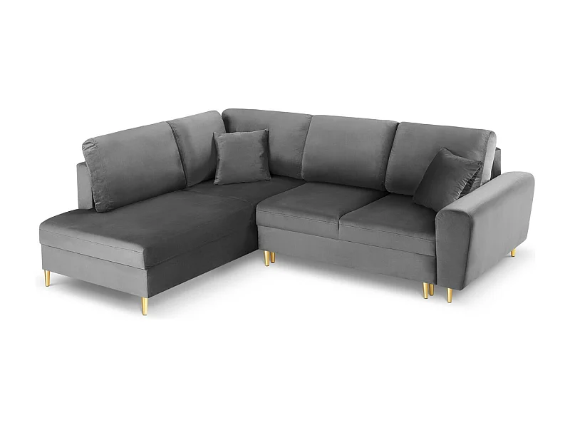 Cosmopolitan Design - 5-Sitzer ausklappbares Ecksofa links mit Container "Kyoto" aus Samt hellgrau - 243x194x88cm