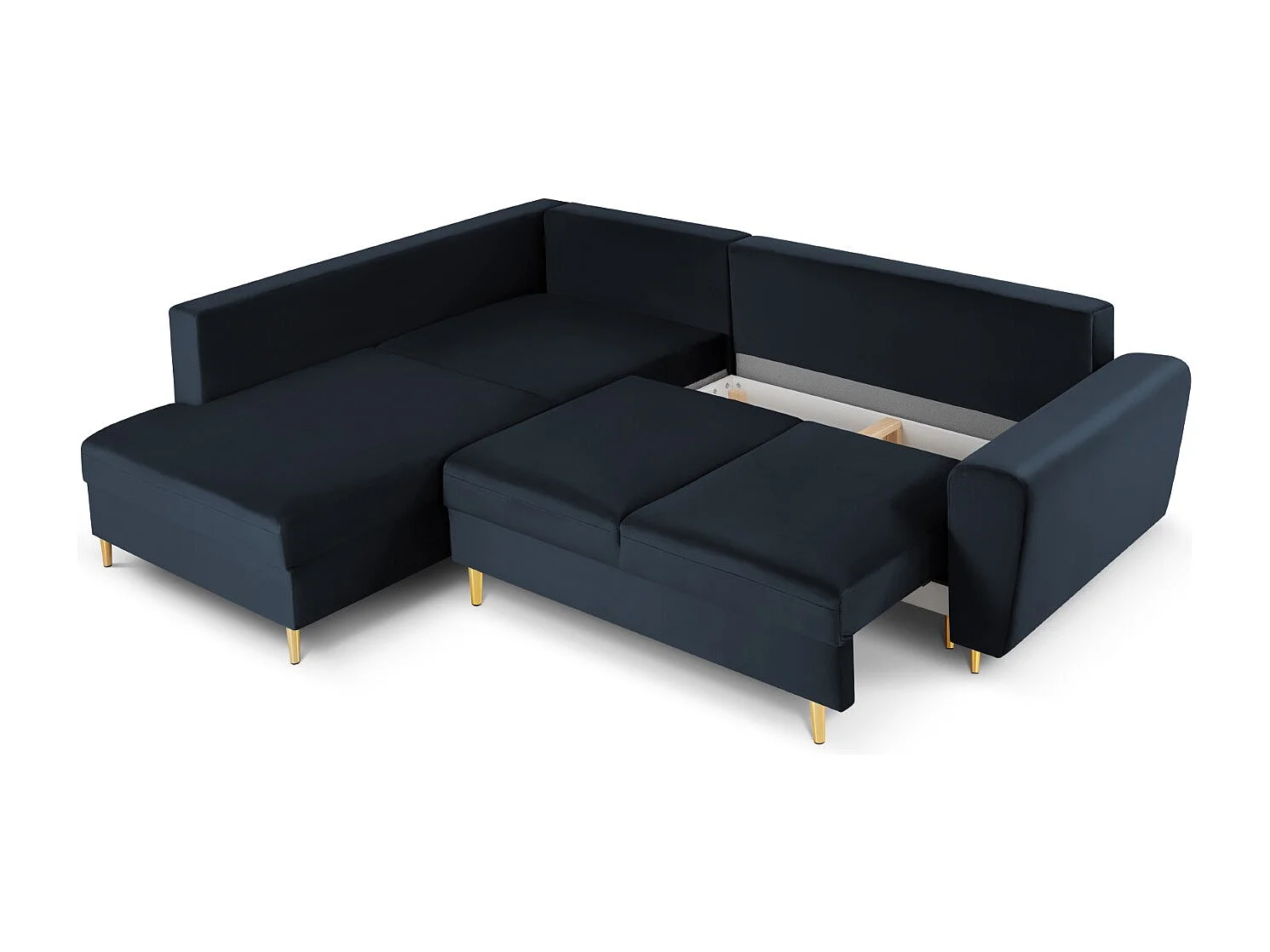 Cosmopolitan Design - Canapé d'angle gauche convertible avec coffre de rangement "Kyoto" 5 places en velours bleu foncé - 243x194x88cm