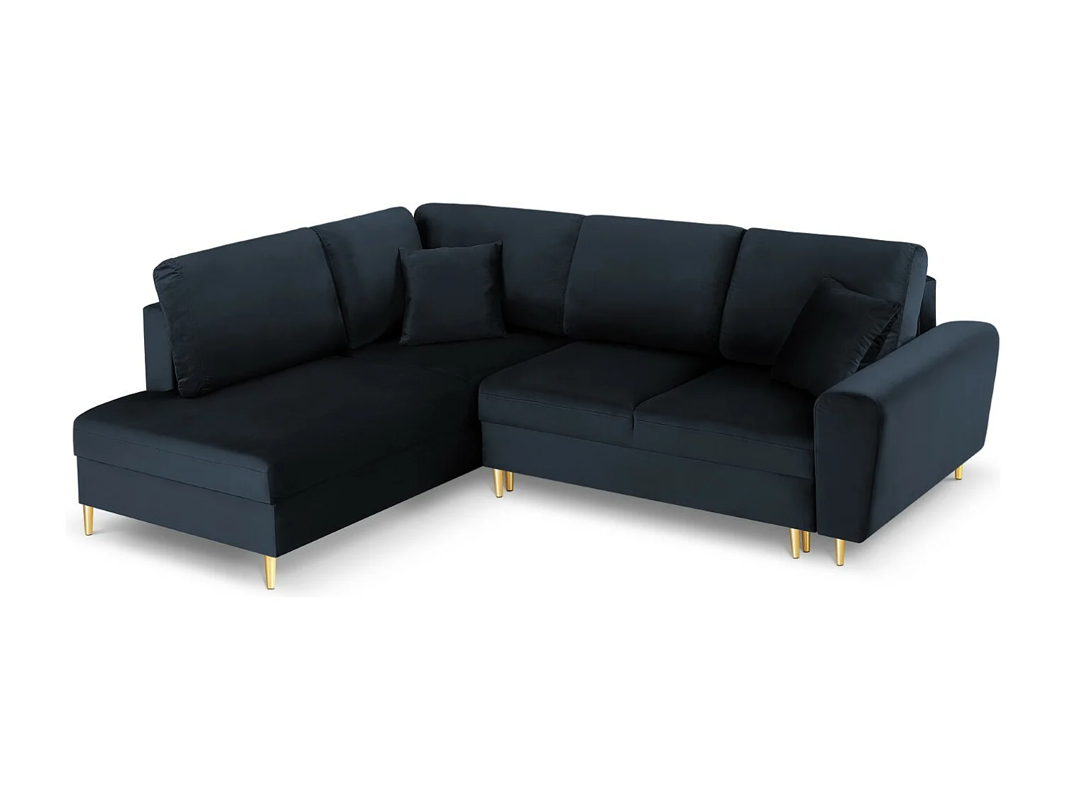 Cosmopolitan Design - Sofá cama esquinero izquierdo con baúl de almacenaje "Kyoto" 5 plazas de terciopelo azul oscuro - 243x194x88cm