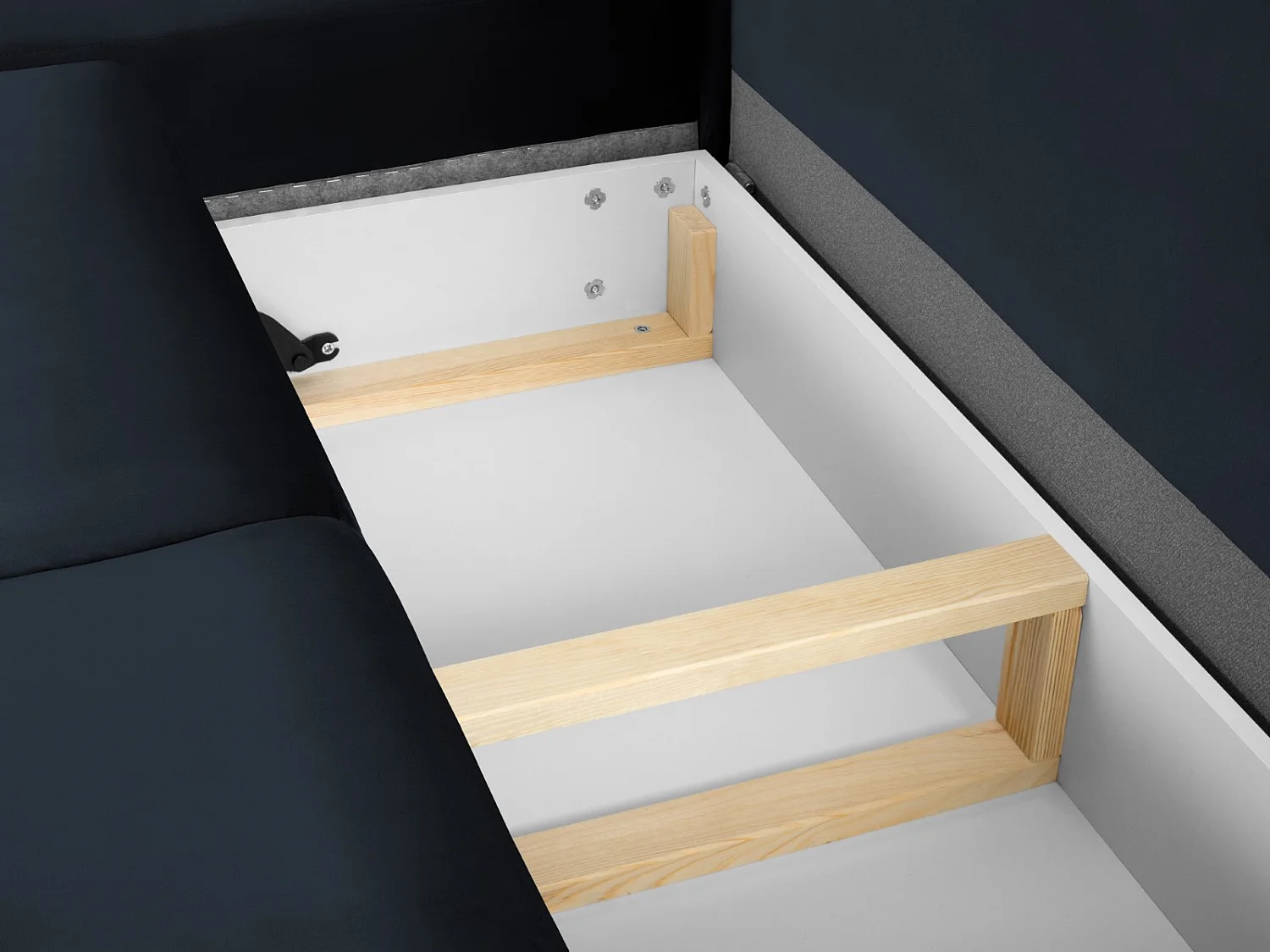 Cosmopolitan Design - Sofá cama esquinero izquierdo con baúl de almacenaje "Kyoto" 5 plazas de terciopelo azul oscuro - 243x194x88cm