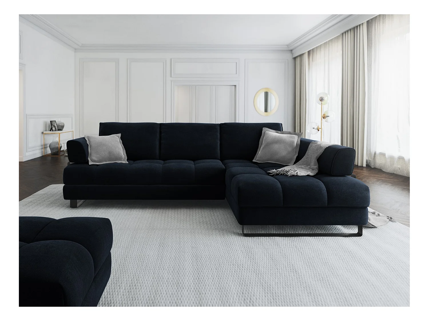 Cosmopolitan Design - 5-Sitzer ausklappbares Ecksofa rechts mit Container "Clinton" aus Samt dunkelblau - 272x173x89cm