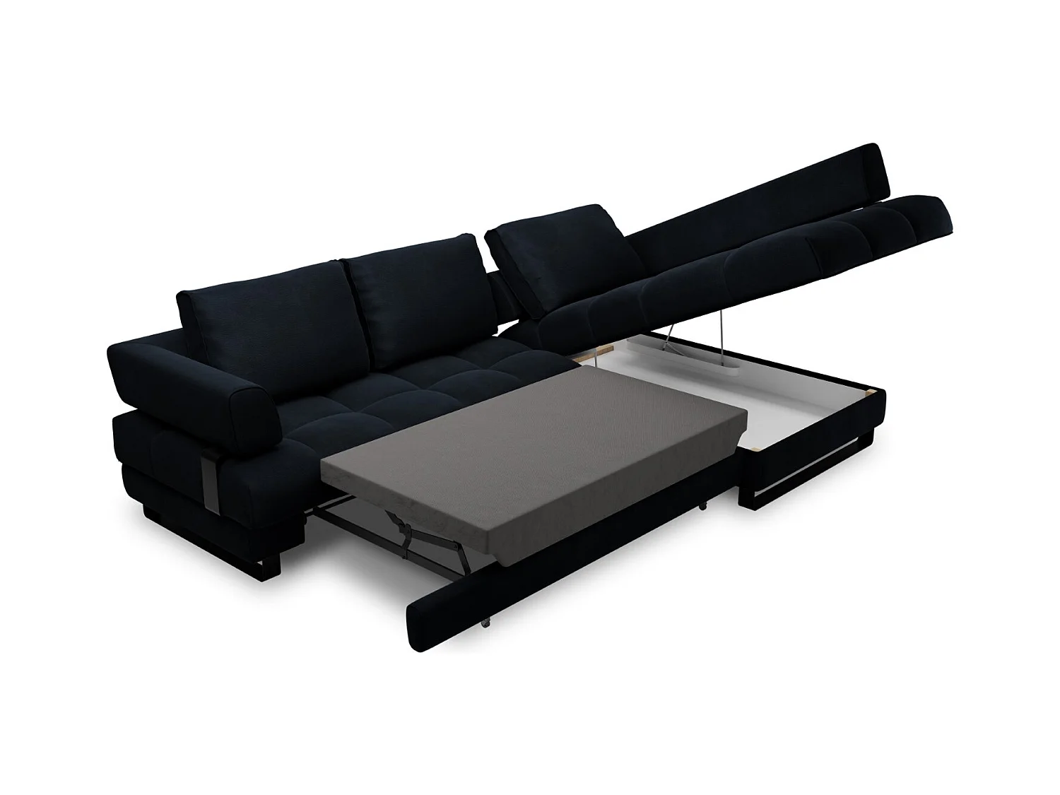 Cosmopolitan Design - 5-Sitzer ausklappbares Ecksofa rechts mit Container "Clinton" aus Samt dunkelblau - 272x173x89cm