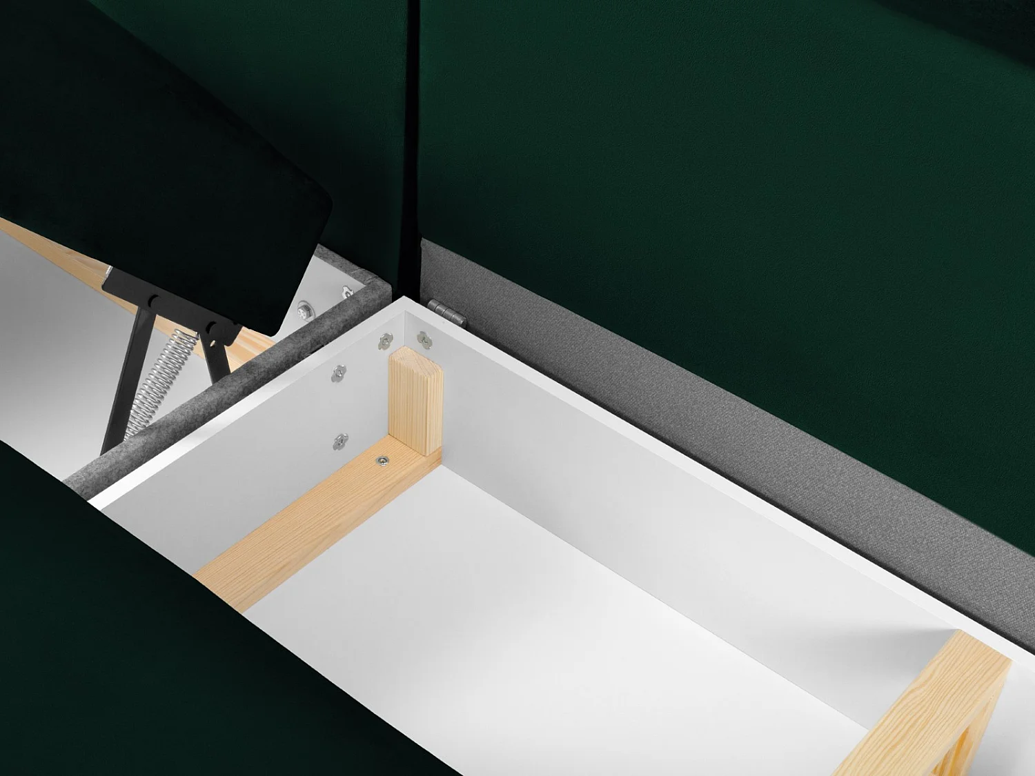 Cosmopolitan Design - Sofá cama panorámico derecho con baúl de almacenaje "Kyoto" 7 plazas de terciopelo verde botella - 313x194x88cm