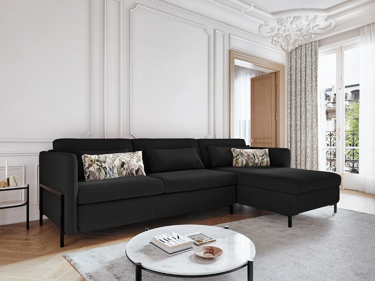 CXL by Christian Lacroix - Converteerbare hoekbank rechts met opbergdoos "Yanis" 5 zitplaatsen, Structurele stof, Donkergrijs - 280x170x80cm