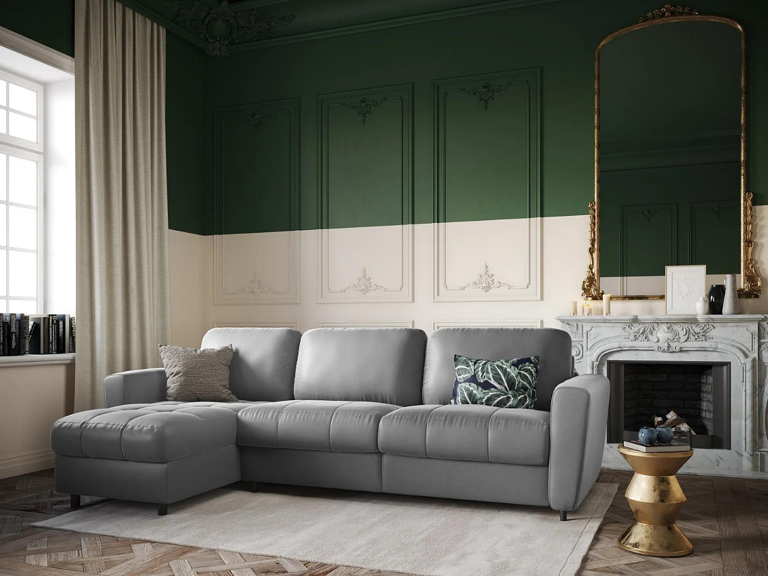 CXL by Christian Lacroix - Canapé d'angle gauche convertible avec coffre de rangement "Audra" 4 places en velours gris - 270x170x88cm