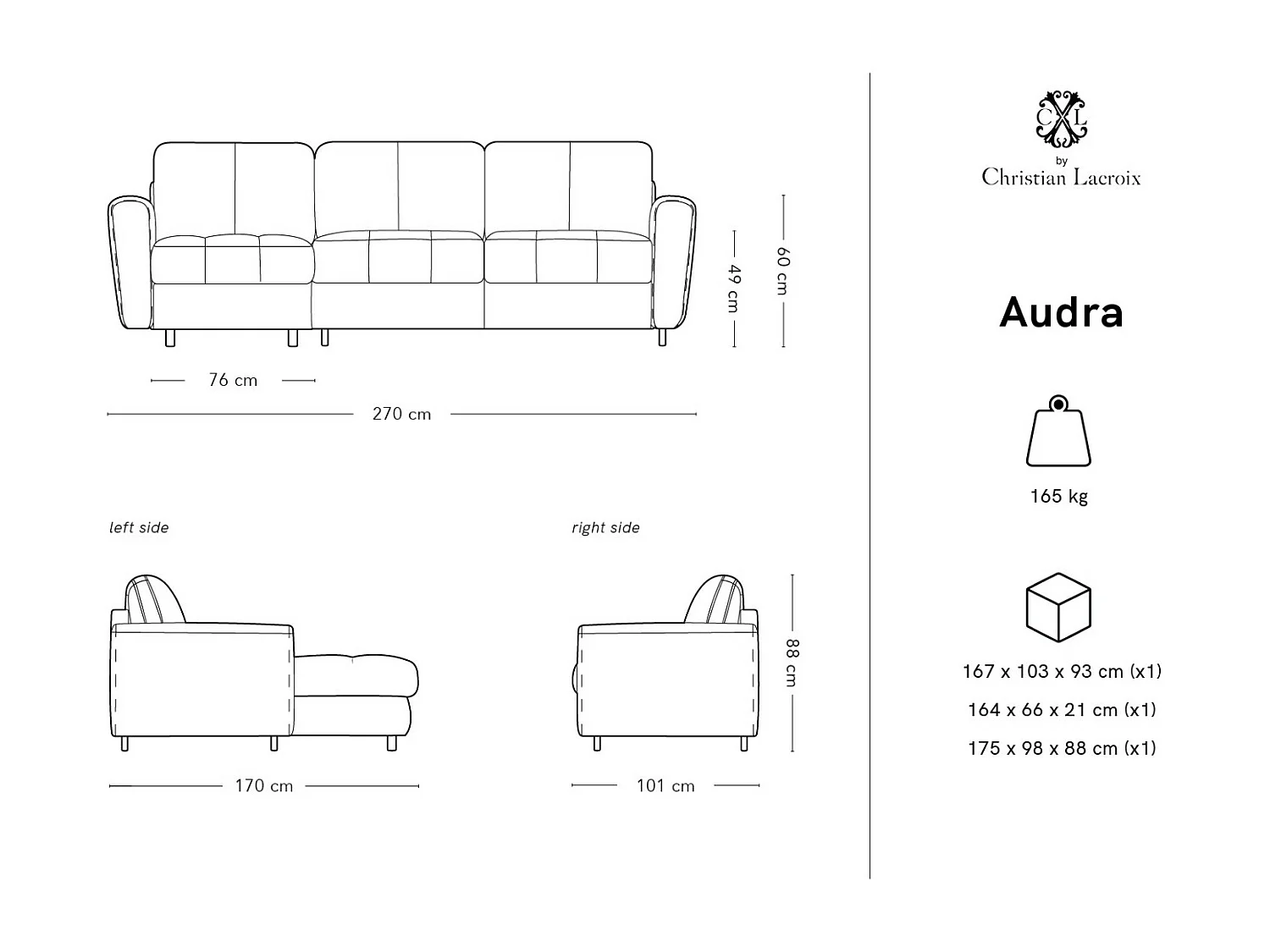 CXL by Christian Lacroix - Canapé d'angle gauche convertible avec coffre de rangement "Audra" 4 places en velours gris - 270x170x88cm