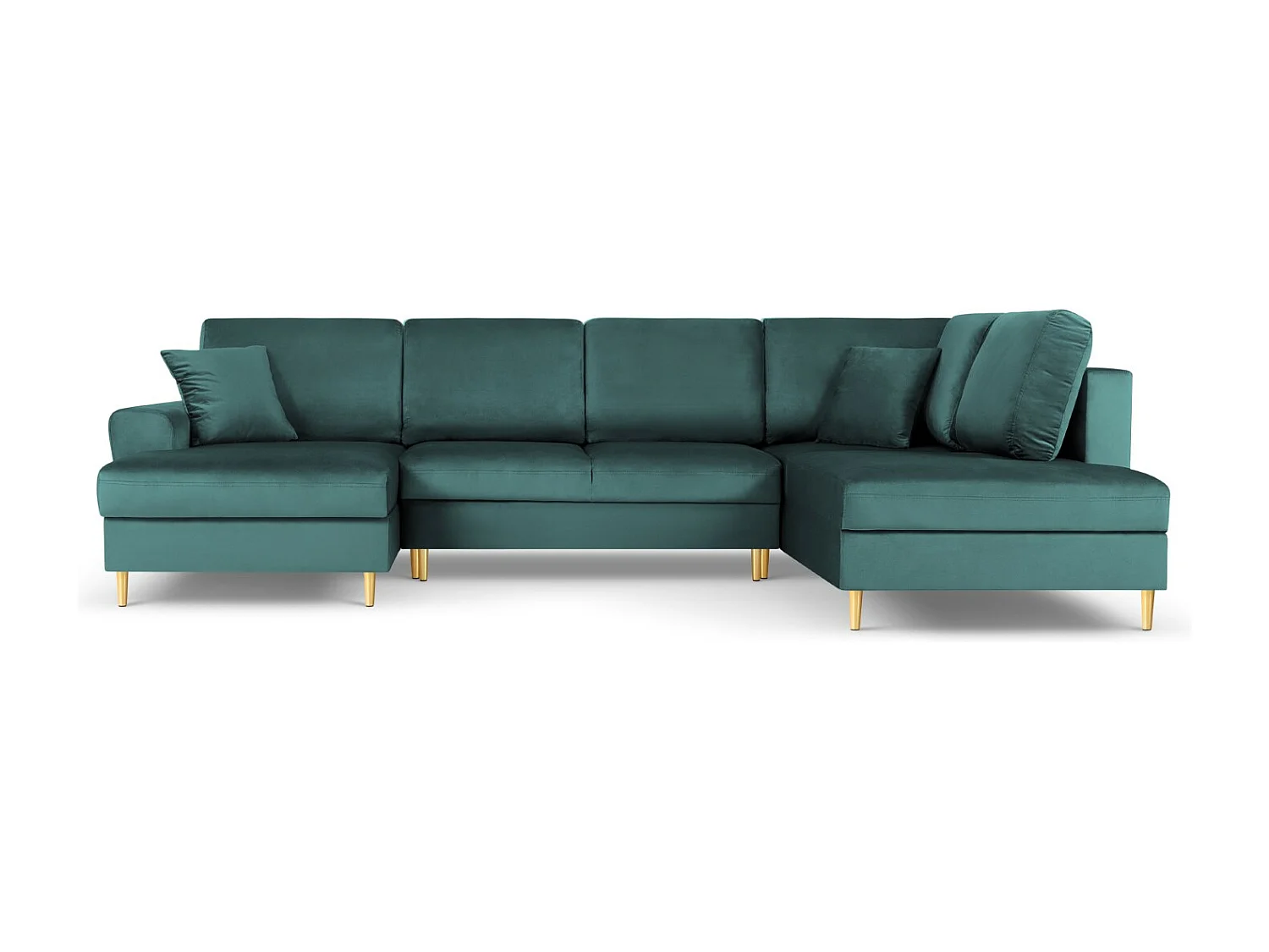 Cosmopolitan Design - 7-Sitzer ausklappbares Panoramasofa mit Bettkasten rechts "Kyoto" aus Samt petrol - 313x194x88cm