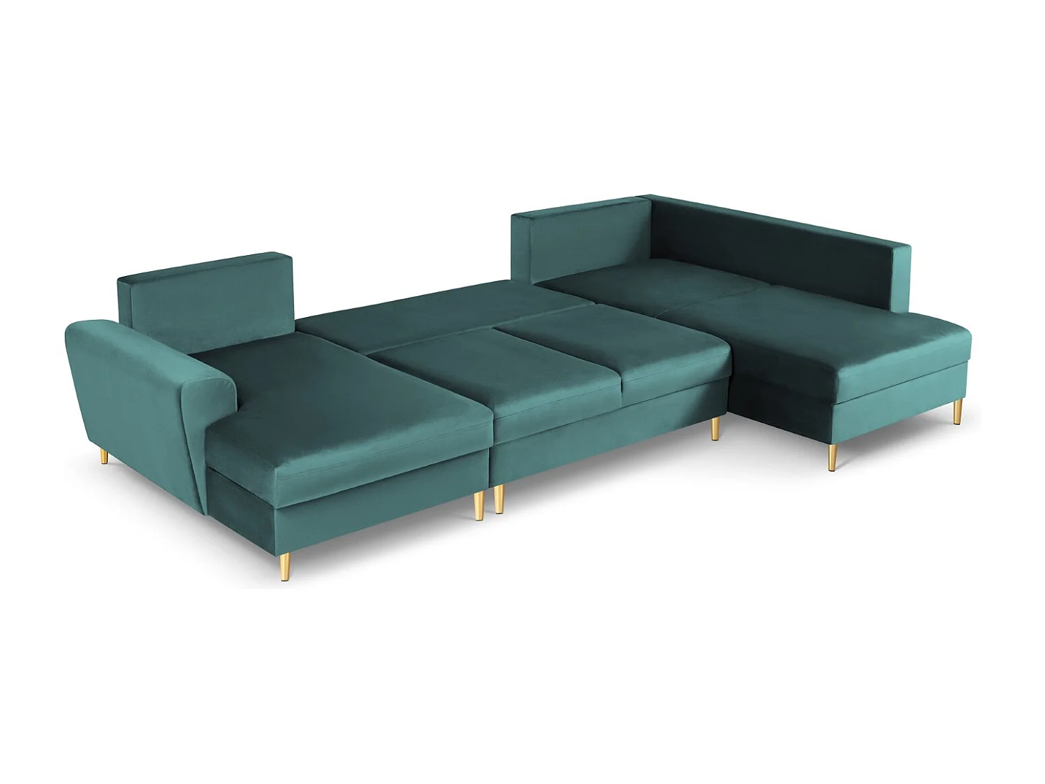 Cosmopolitan Design - 7-Sitzer ausklappbares Panoramasofa mit Bettkasten rechts "Kyoto" aus Samt petrol - 313x194x88cm