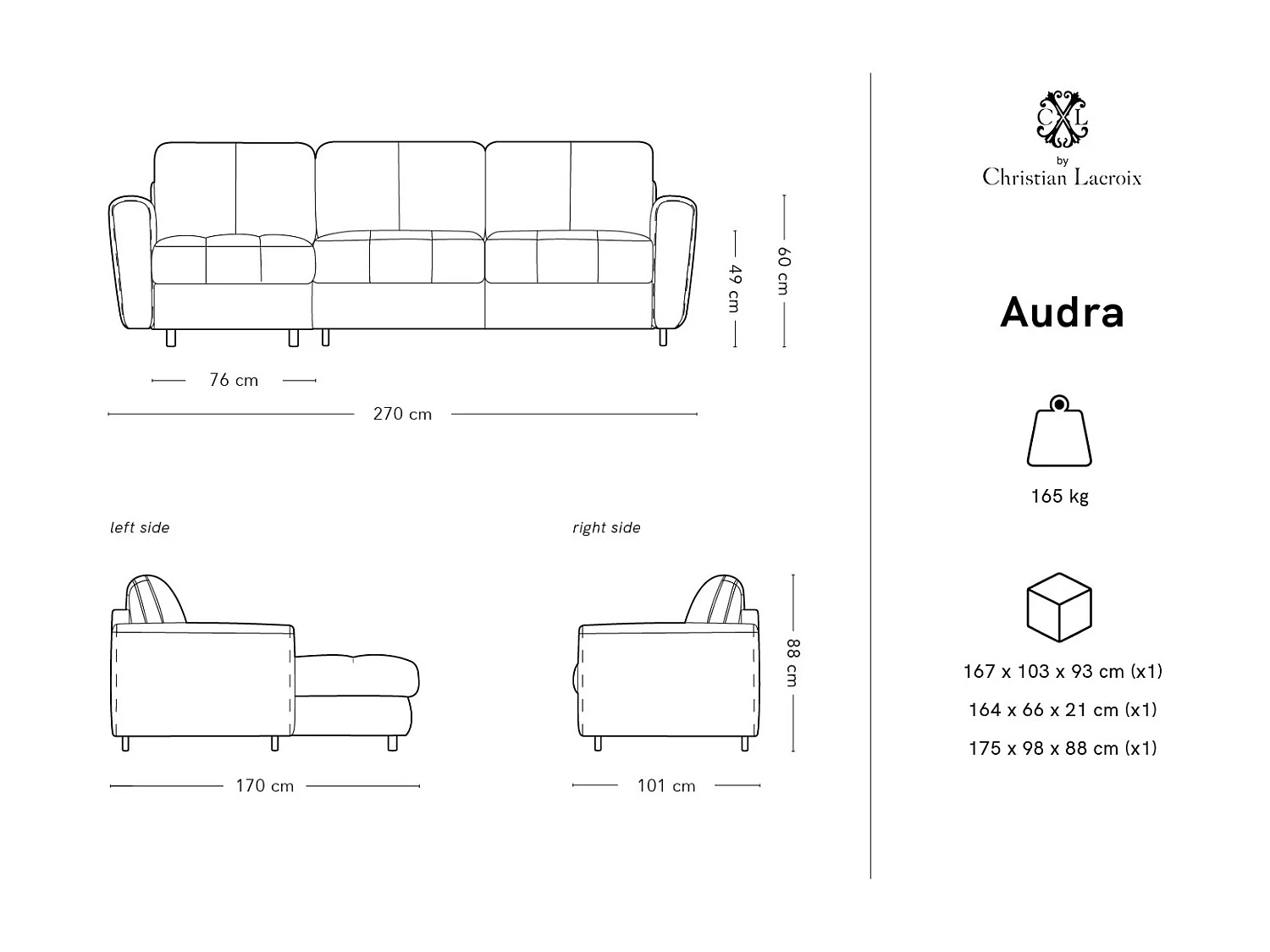 CXL by Christian Lacroix - Canapé d'angle gauche convertible "Audra" 4 places en cuir véritable marron - 270x170x88cm