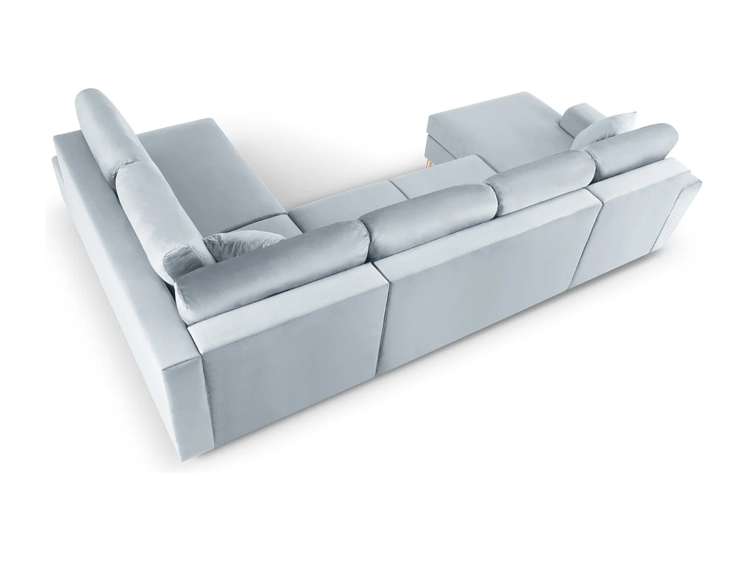 Cosmopolitan Design - Sofá cama panorámico derecho con baúl de almacenaje "Kyoto" 7 plazas de terciopelo azul claro - 313x194x88cm