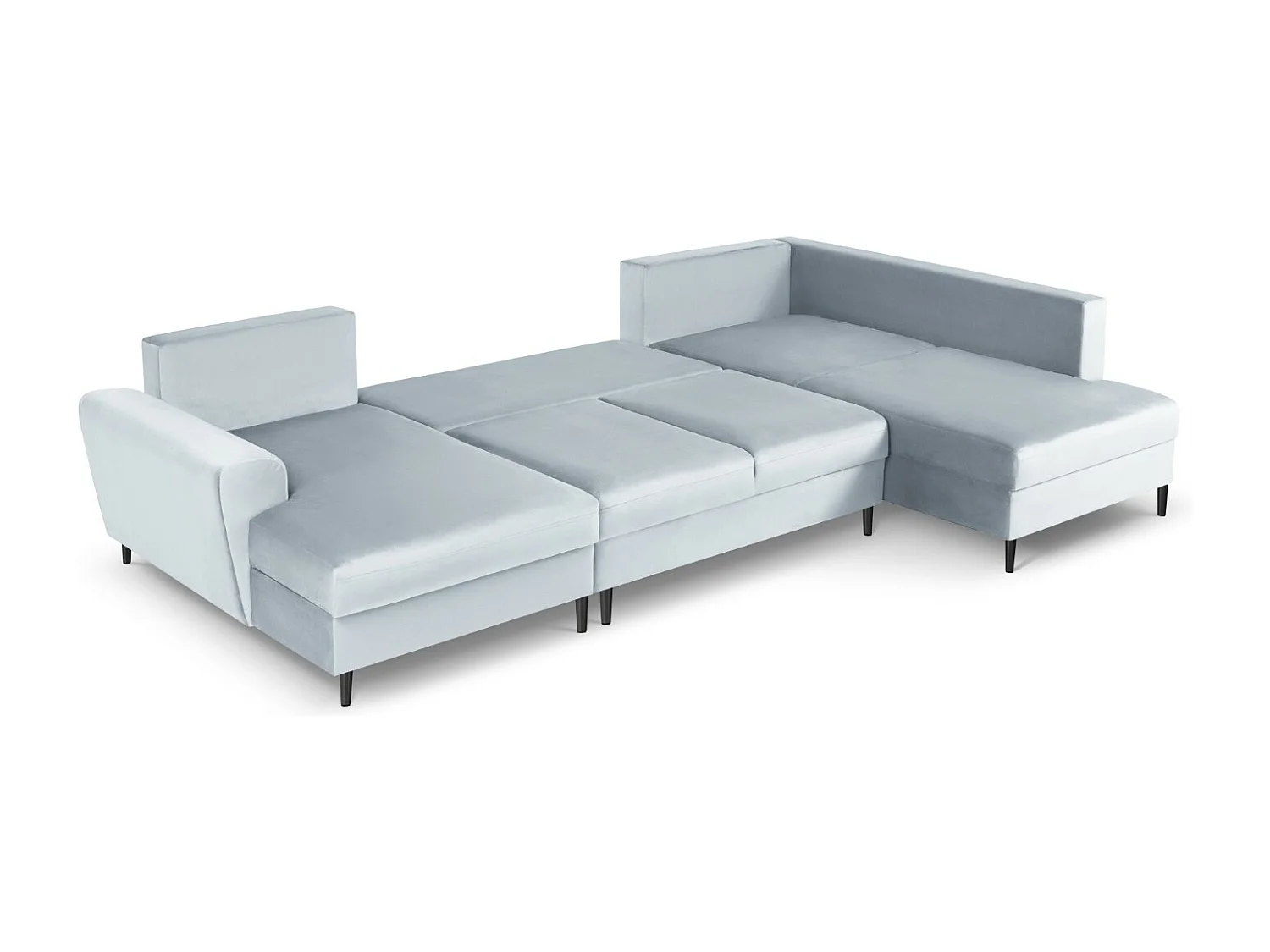 Cosmopolitan Design - Sofá cama panorámico derecho con baúl de almacenaje "Kyoto" 7 plazas de terciopelo azul claro - 313x194x88cm