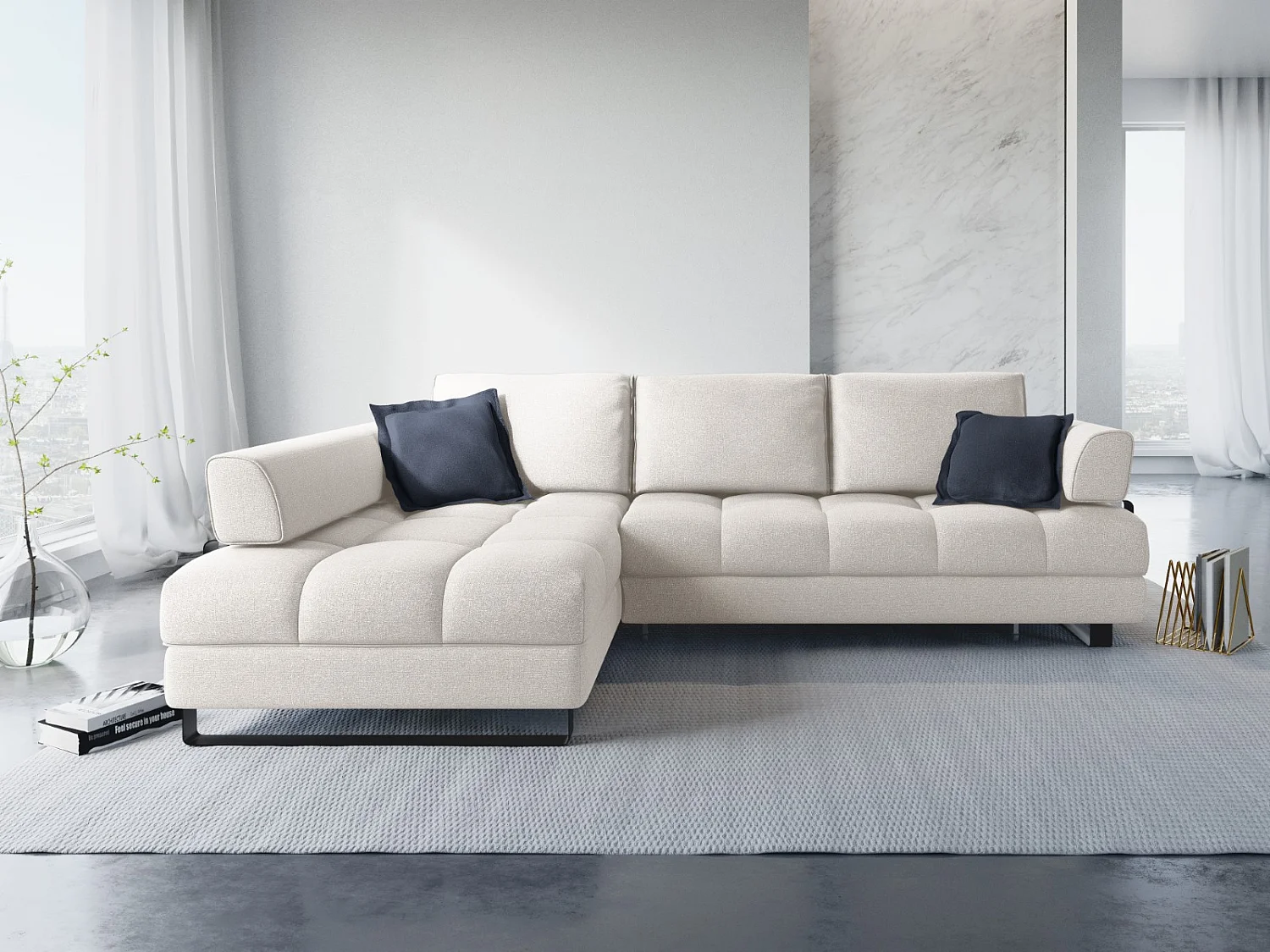 Cosmopolitan Design - Uitklapbare hoekbank links met opbergdoos "Clinton" 5 zitplaatsen, Structurele stof, Lichtgrijs - 272x173x89cm