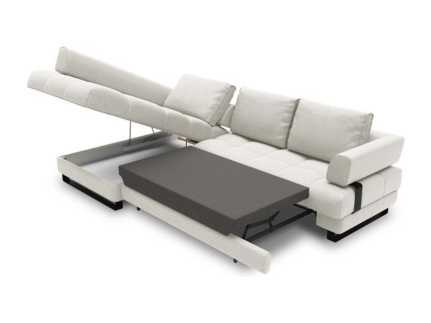 Cosmopolitan Design - Uitklapbare hoekbank links met opbergdoos "Clinton" 5 zitplaatsen, Structurele stof, Lichtgrijs - 272x173x89cm