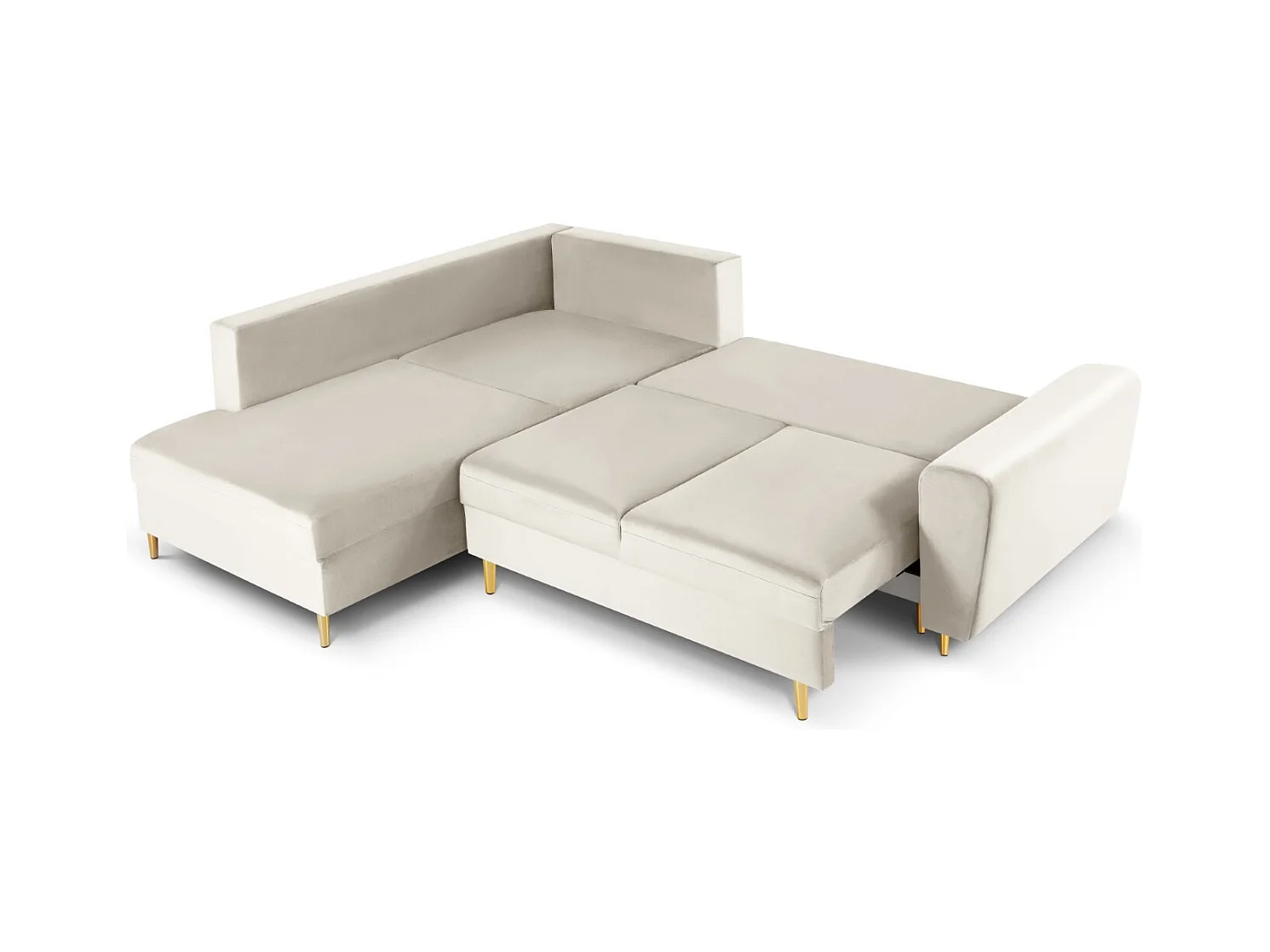 Cosmopolitan Design - 5-Sitzer ausklappbares Ecksofa links mit Container "Kyoto" aus Samt leichtes beige - 243x194x88cm