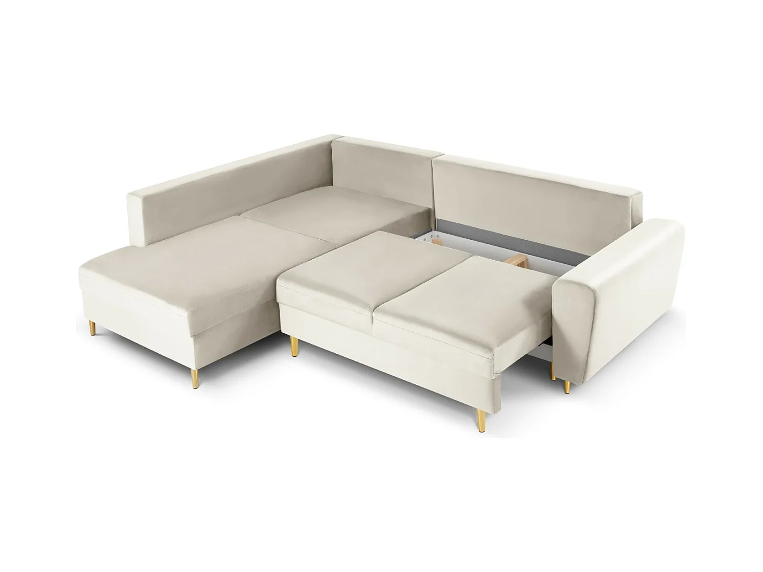 Cosmopolitan Design - 5-Sitzer ausklappbares Ecksofa links mit Container "Kyoto" aus Samt leichtes beige - 243x194x88cm