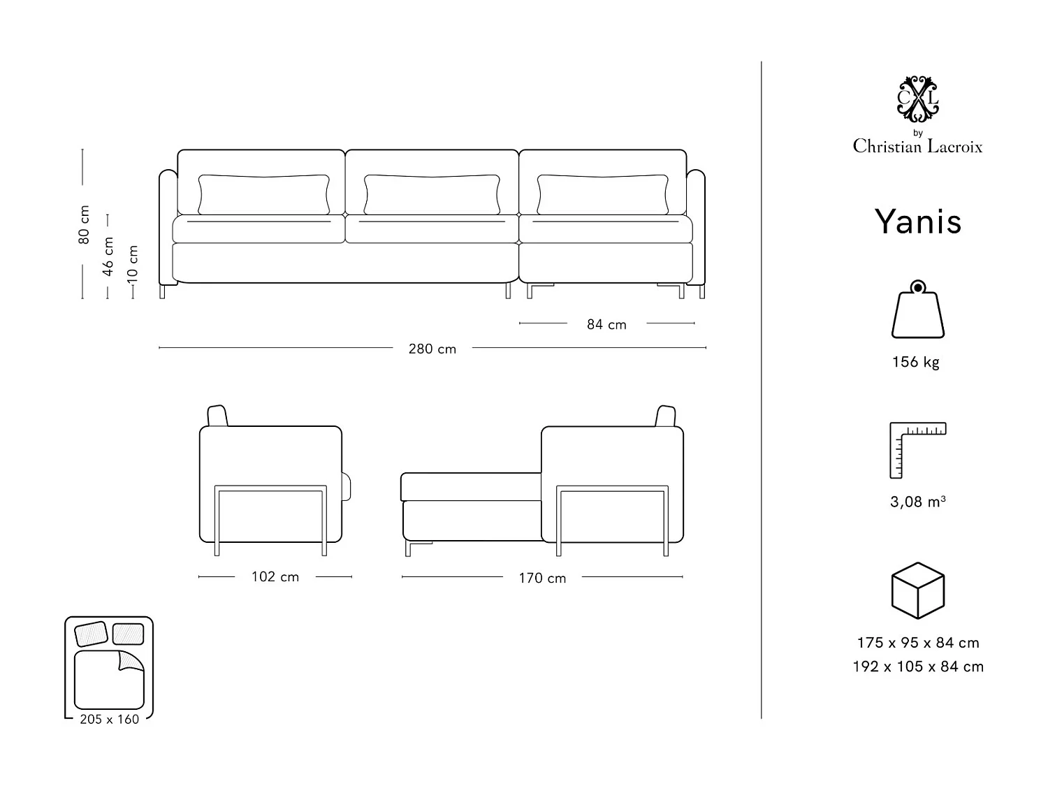 CXL by Christian Lacroix - 5-Sitzer ausklappbares Ecksofa rechts "Yanis" Sitzer aus Samt dunkelgrau - 280x170x80cm