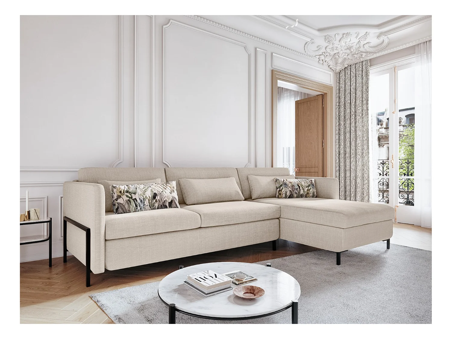 CXL by Christian Lacroix - Canapé d'angle droit convertible avec coffre de rangement "Yanis" 5 places en tissu structurel beige - 280x170x80cm