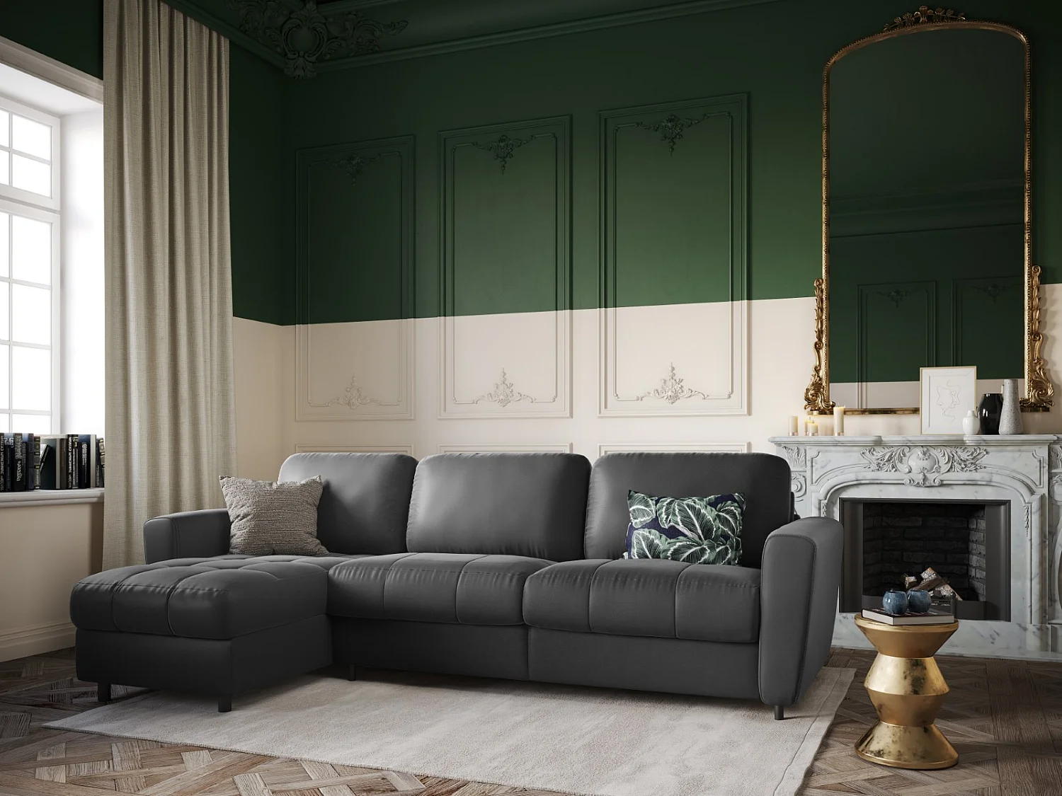 CXL by Christian Lacroix - Narożnik lewy rozkładany ze schowkiem, "Audra" 4 miejsca welur, szary ciemny - 270x170x88cm