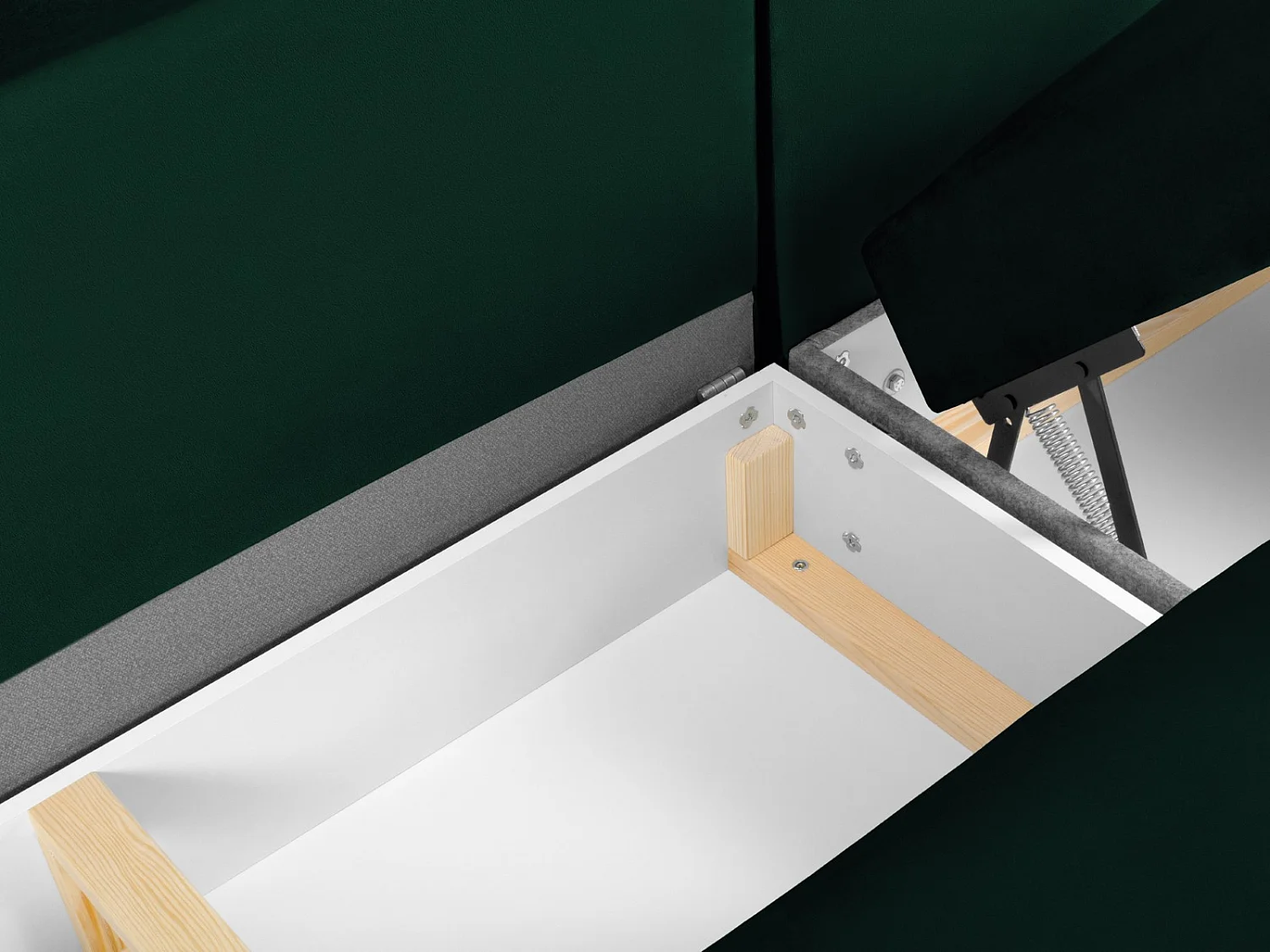 Cosmopolitan Design - 7-Sitzer ausklappbares Panoramasofa mit Bettkasten links "Kyoto" aus Samt flaschengrün - 313x194x88cm