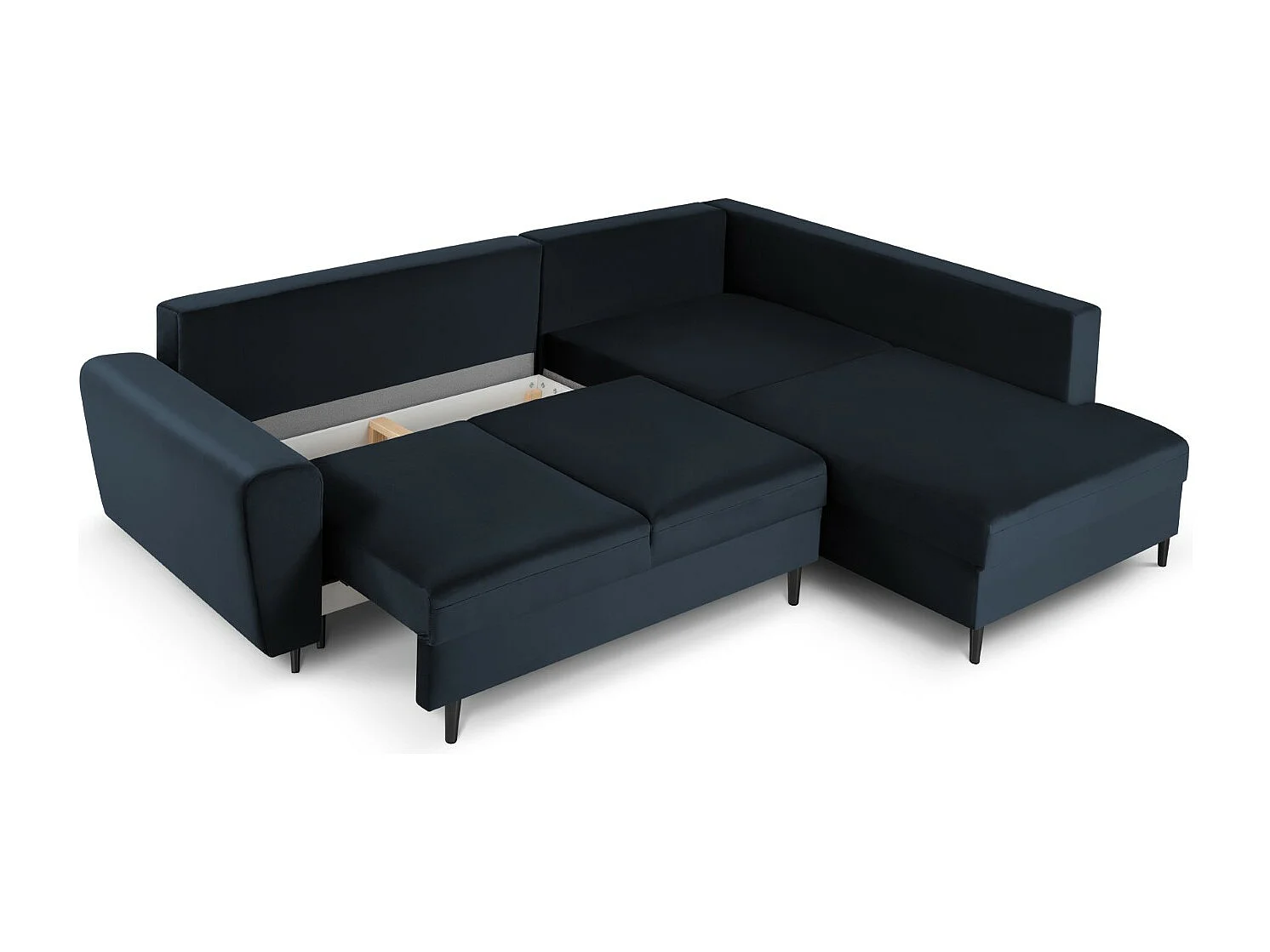 Cosmopolitan Design - Canapé d'angle droit convertible avec coffre de rangement "Kyoto" 5 places en velours bleu foncé - 243x194x88cm