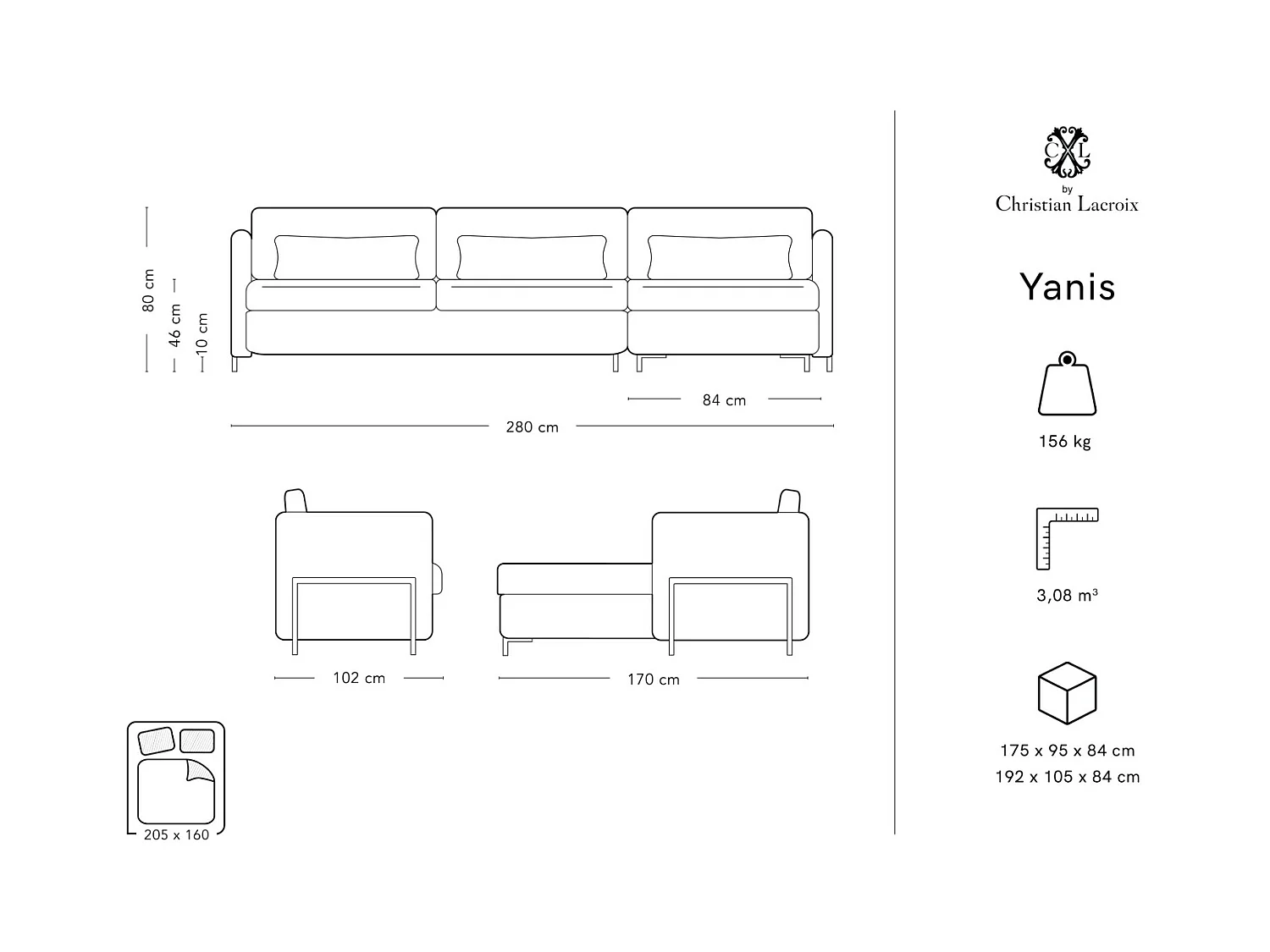 CXL by Christian Lacroix - Sofá cama esquinero derecho "Yanis" 5 plazas de terciopelo beige - 280x170x80cm