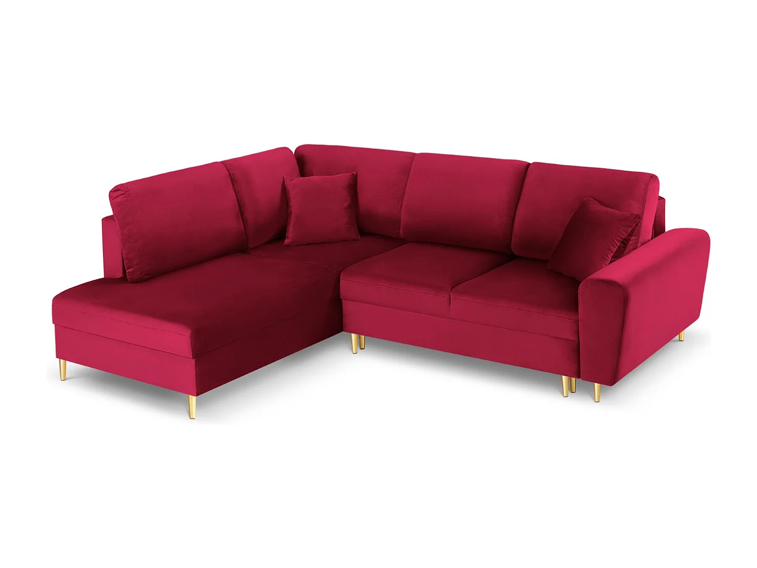 Cosmopolitan Design - 5-Sitzer ausklappbares Ecksofa links mit Container "Kyoto" aus Samt rot - 243x194x88cm