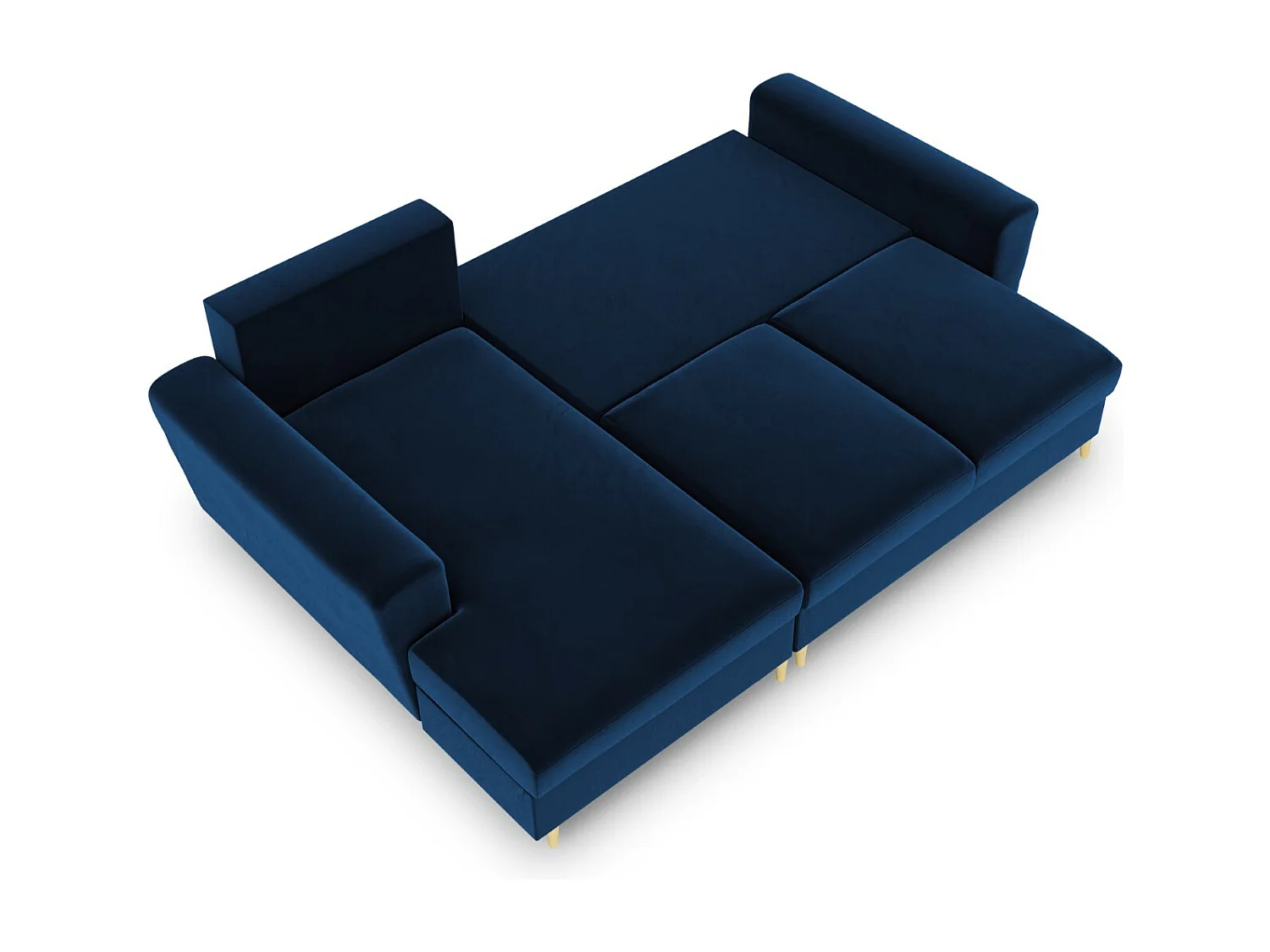 Cosmopolitan Design - Sofá cama esquinero izquierdo con baúl de almacenaje "Kyoto" 4 plazas de terciopelo azul regio - 241x145x88cm